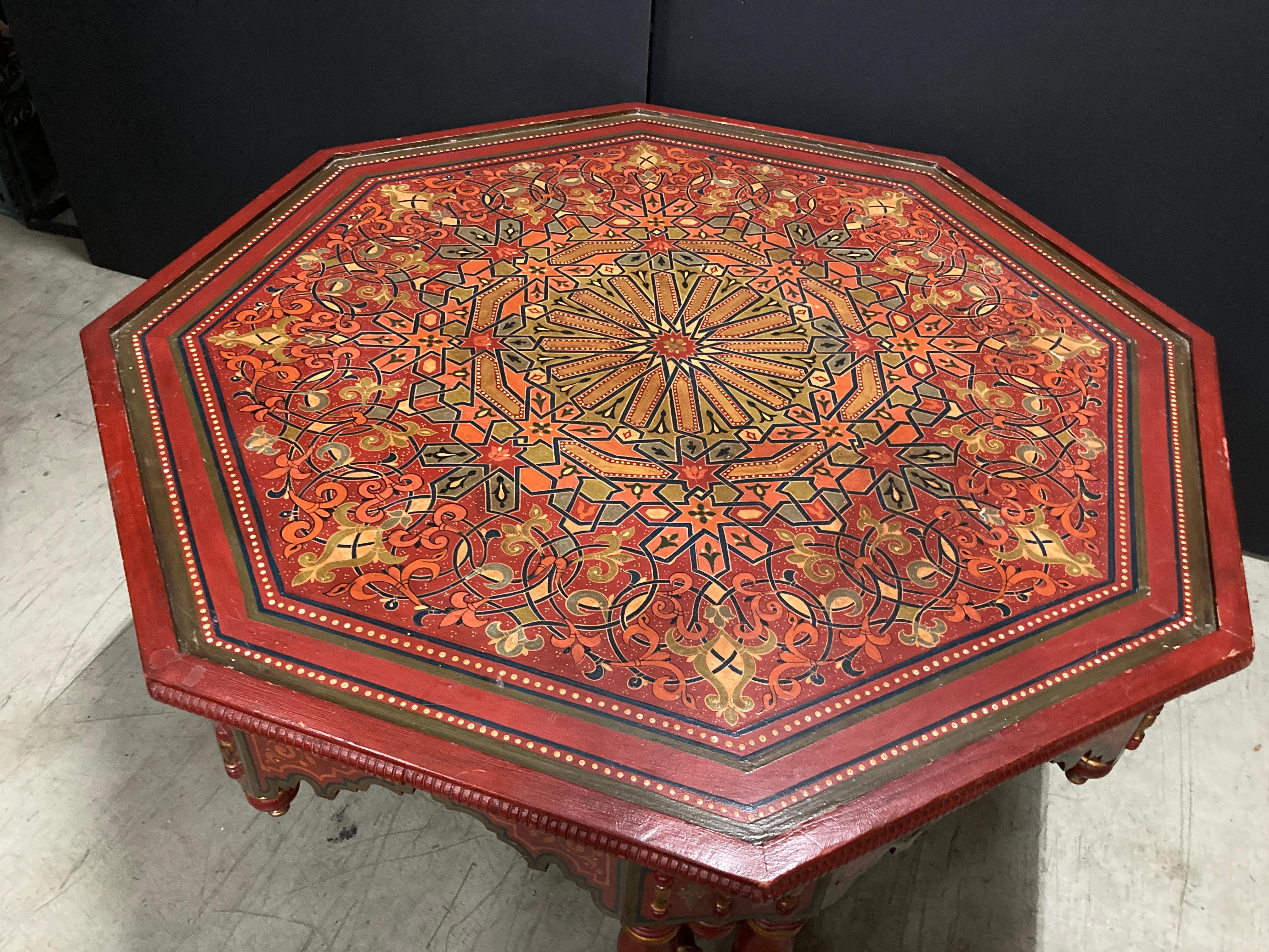 Wood Hand-crafted Hand-Painted Red Octagonal Moroccan Coffee Table