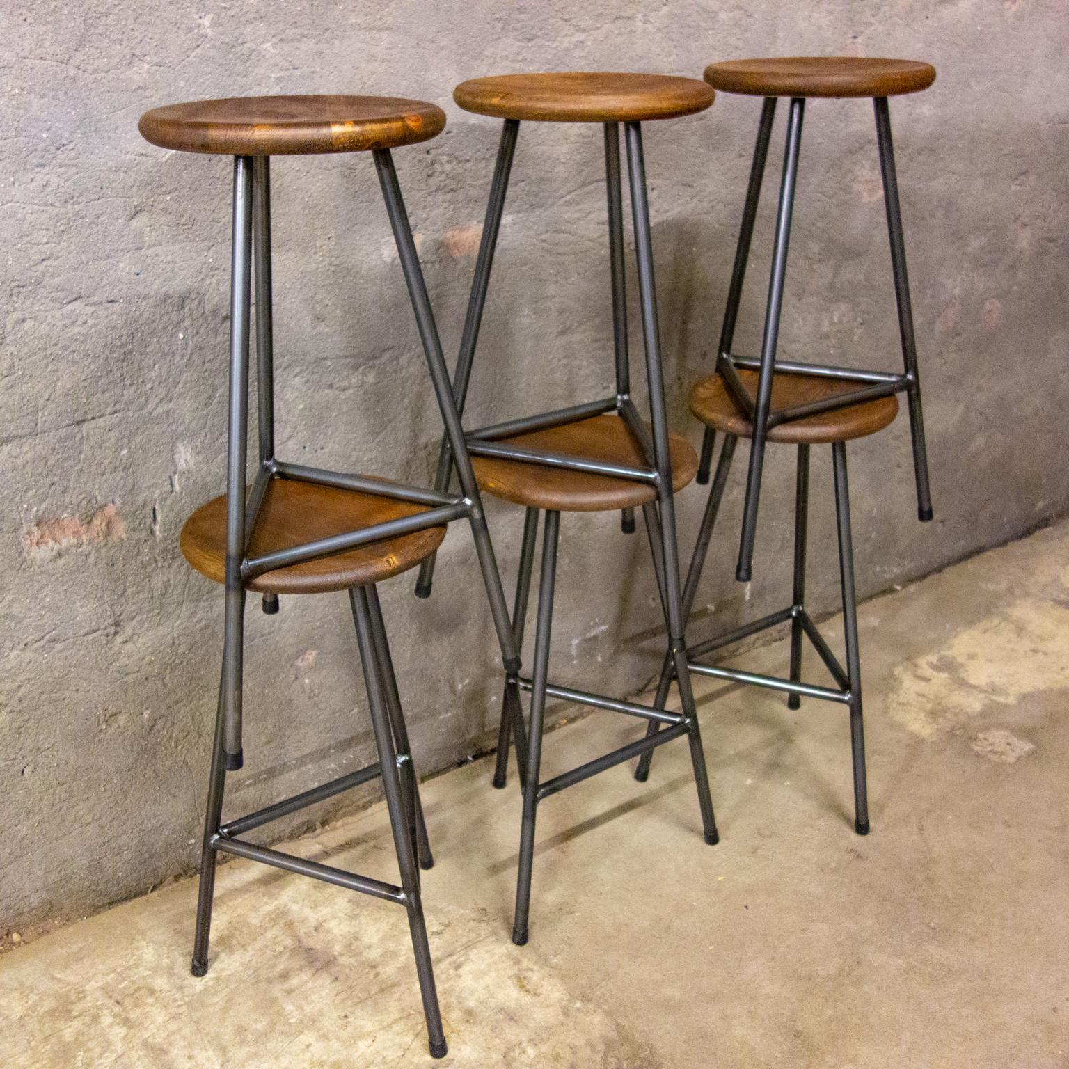 Hand-Carved Handcrafted Industrial Bar Stools For Sale