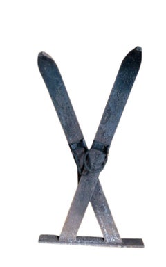 Hand Crafted Iron Crossed Skis Andirons, Circa 1920