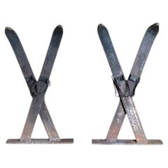 Hand Crafted Iron Crossed Skis Andirons, Circa 1920