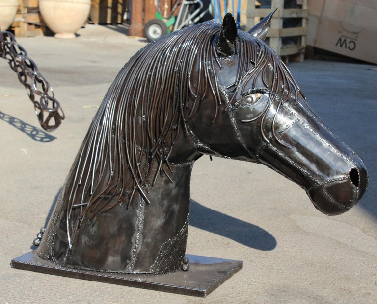 Hand Crafted Iron Horse Head with a Polished Shiny Finish For Sale at