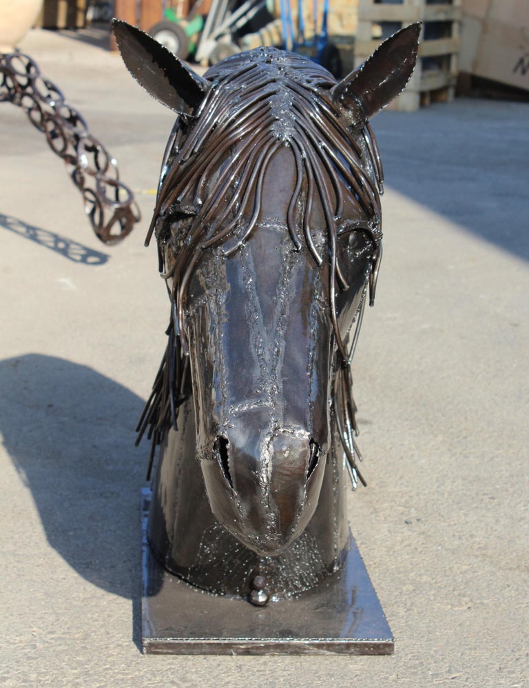 Hand Crafted Iron Horse Head with a Polished Shiny Finish For Sale at