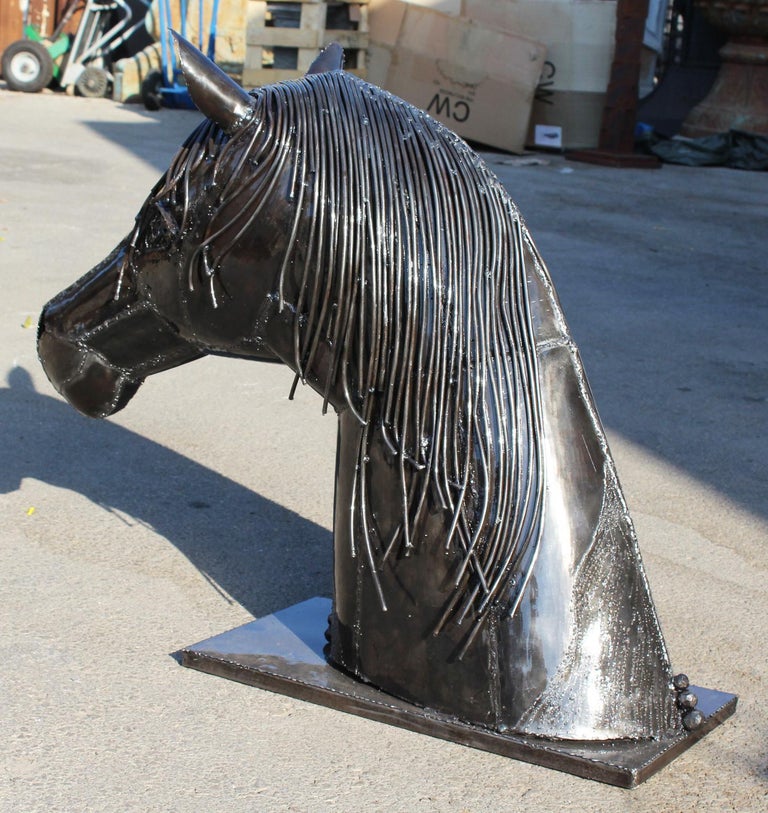 Hand Crafted Iron Horse Head with a Polished Shiny Finish For Sale at