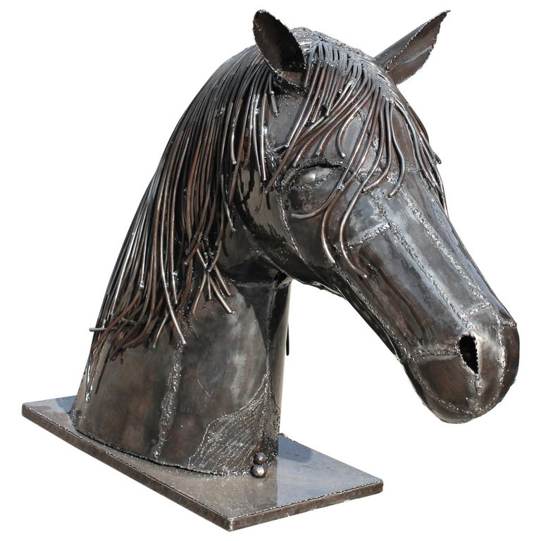 Hand Crafted Iron Horse Head with a Polished Shiny Finish For Sale at