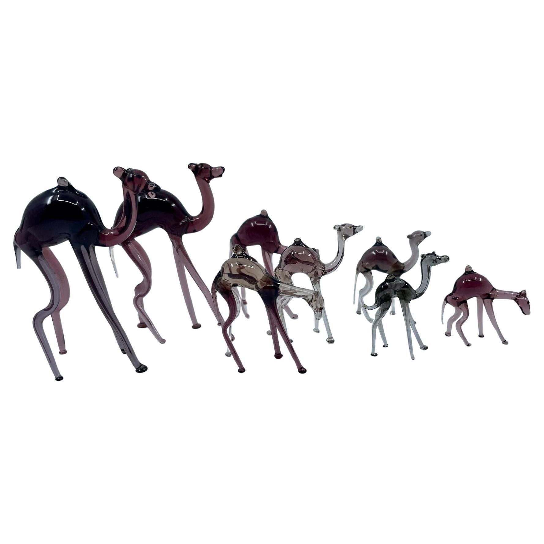 Hand-Crafted Italian Blown Glass Camel Sculpture Set For Sale