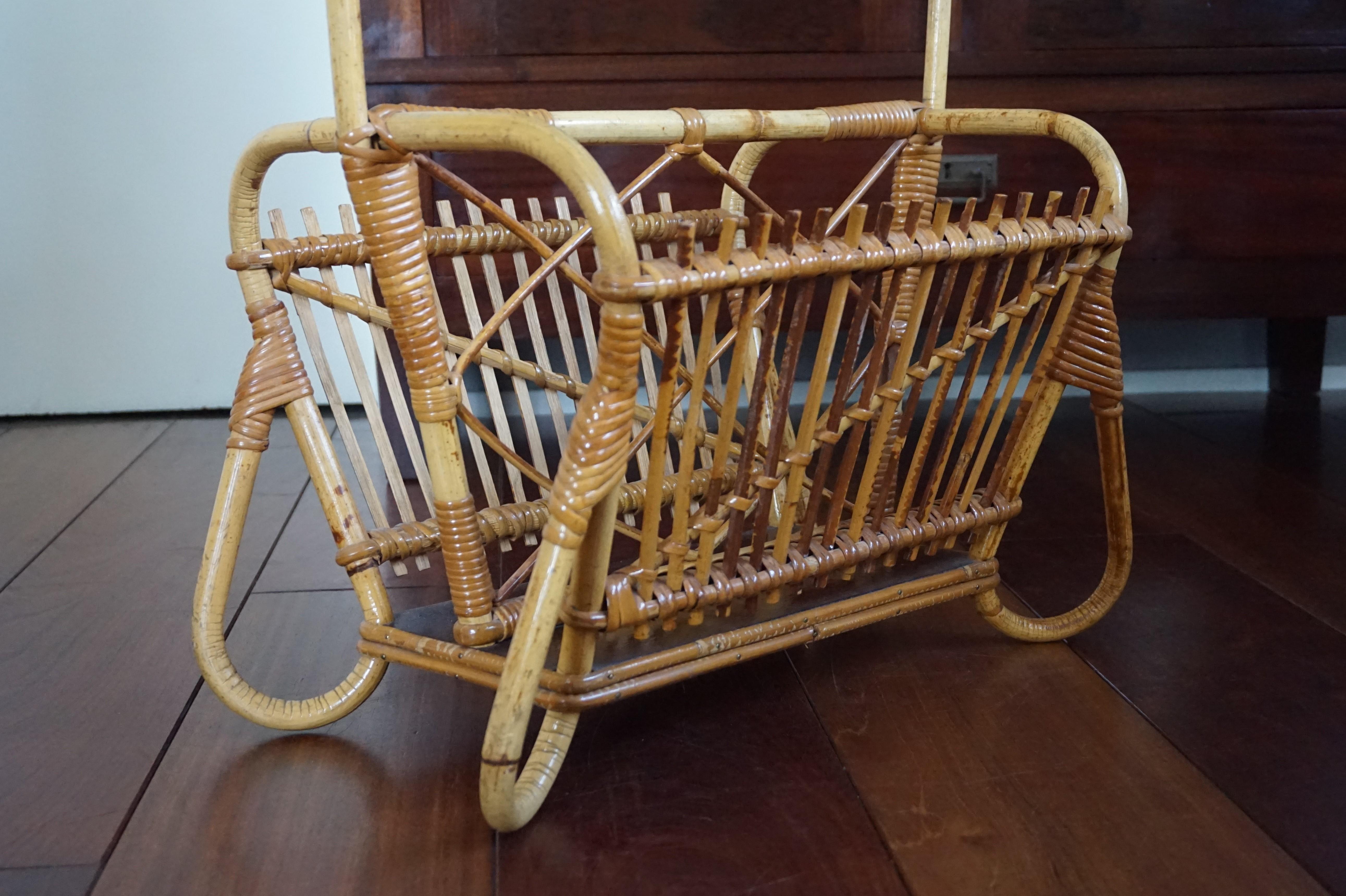 European Handcrafted Midcentury Bamboo, Rattan & Wicker Newspaper and Magazine Stand For Sale