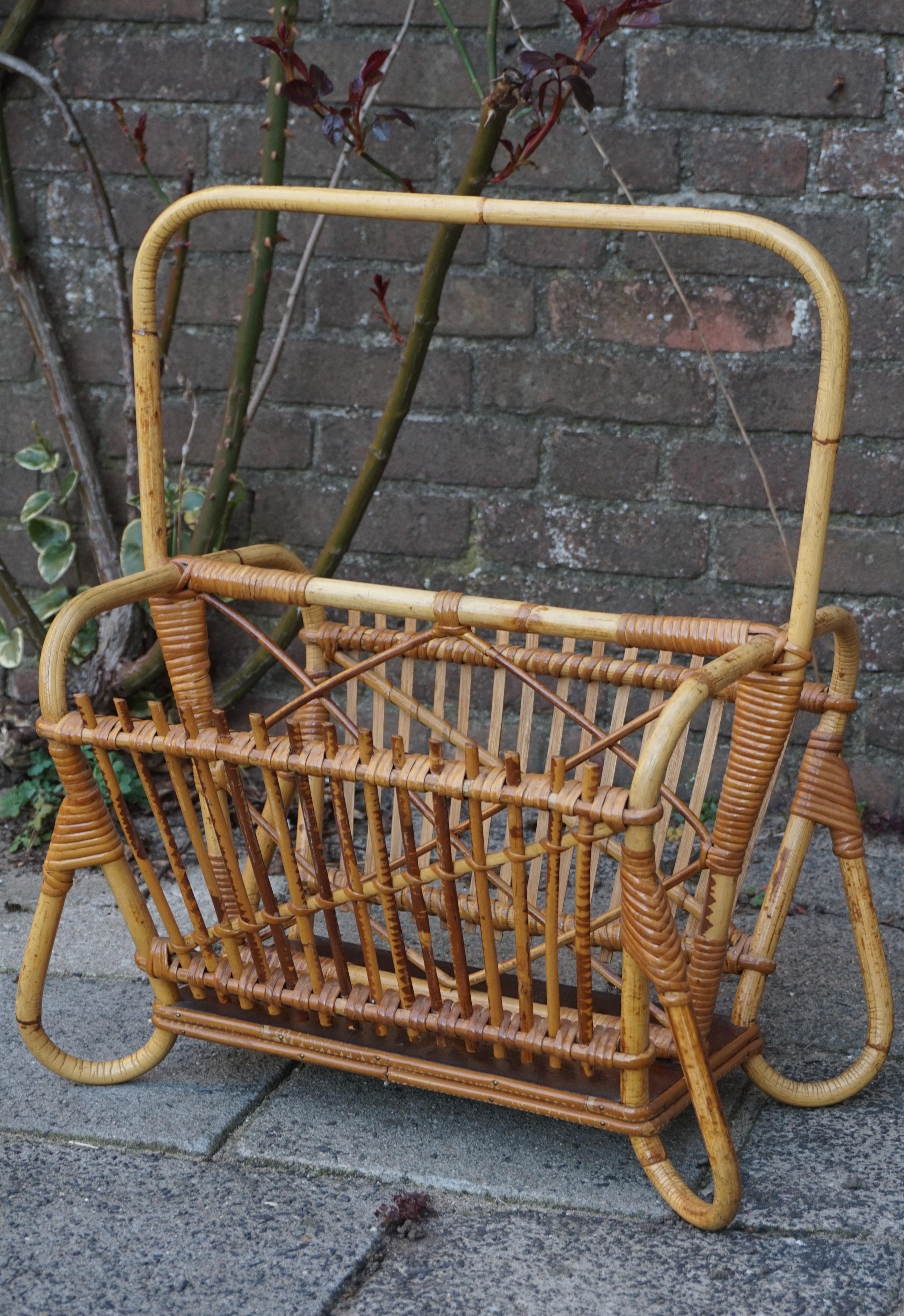 Hand-Crafted Handcrafted Midcentury Bamboo, Rattan & Wicker Newspaper and Magazine Stand For Sale