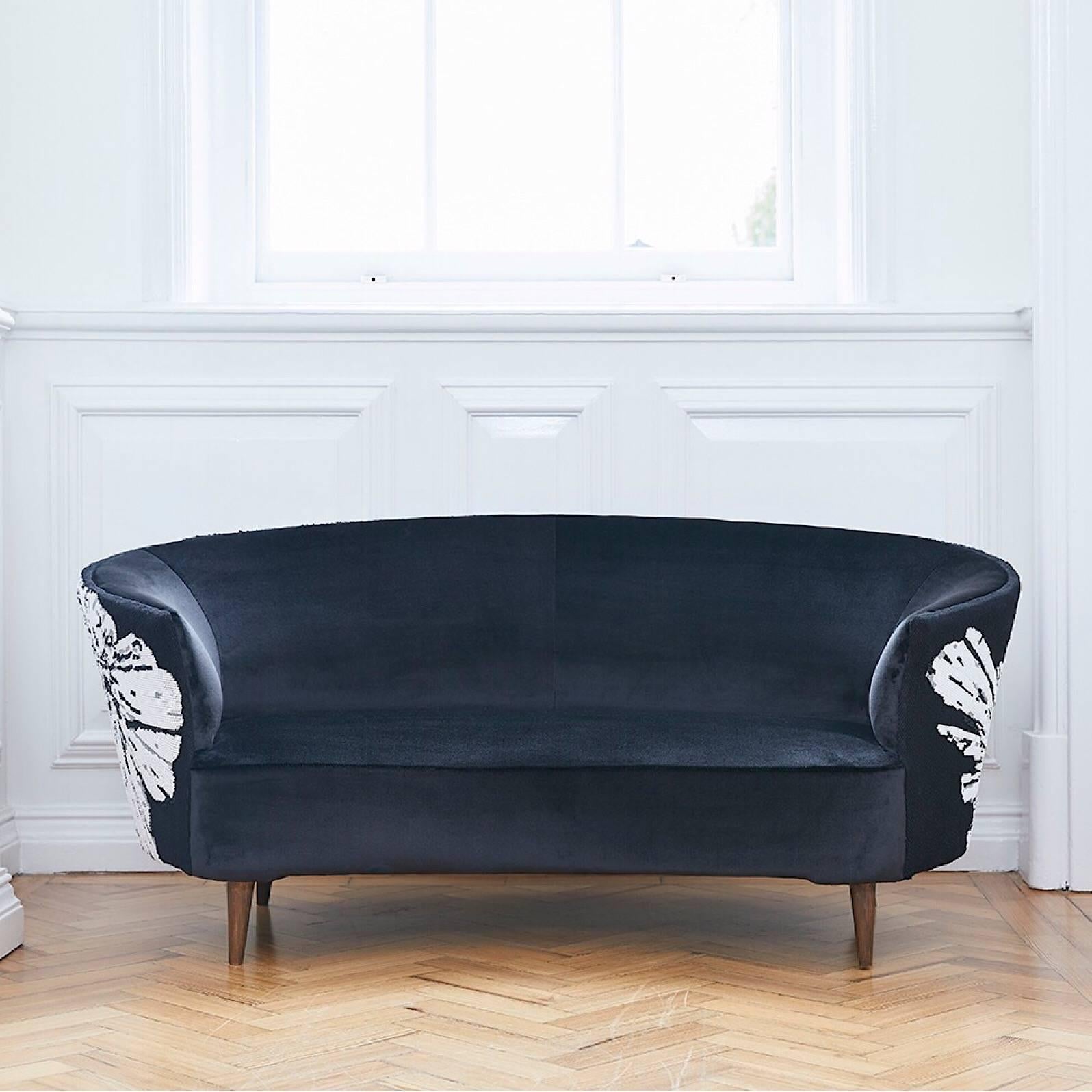 Mid-Century Modern Handcrafted Midcentury Curved Sofa with Hand Embroidered Back Black and White For Sale