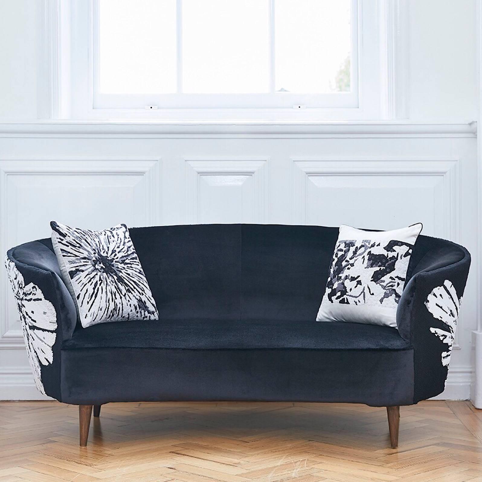 British Handcrafted Midcentury Curved Sofa with Hand Embroidered Back Black and White For Sale