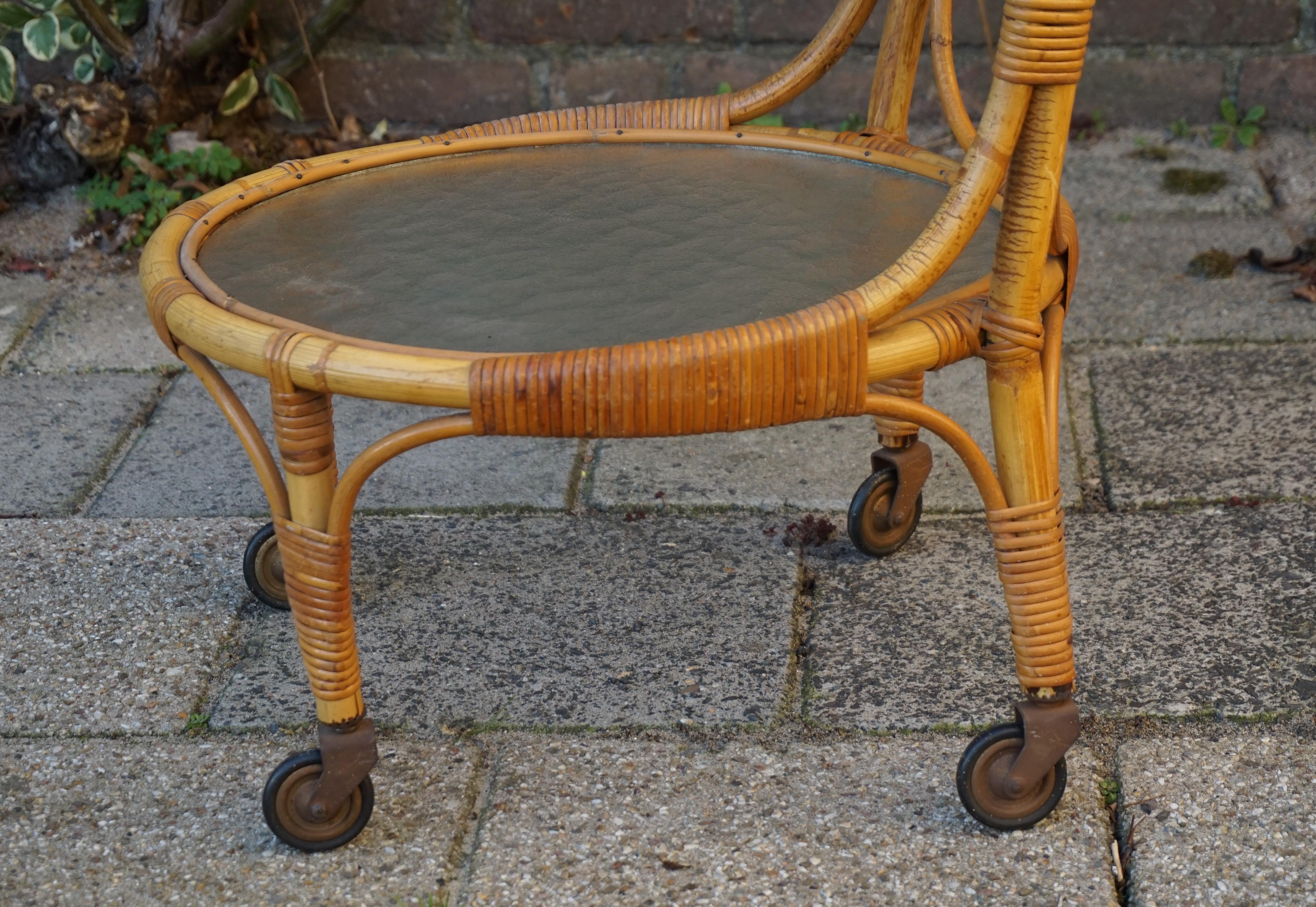 Handcrafted Midcentury Modern Bamboo & Rattan Drinks Cart with Mint Glass Tiers For Sale 1