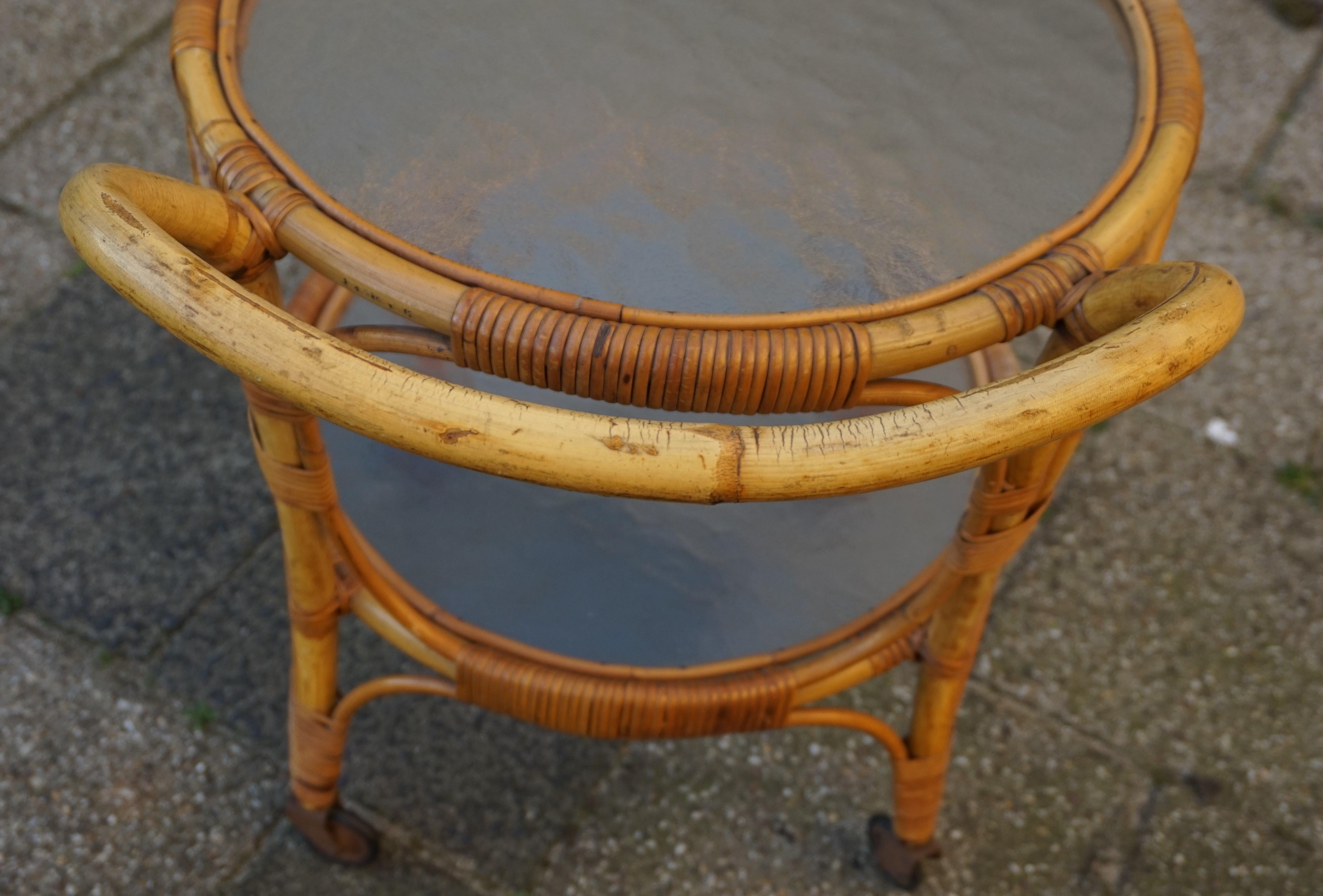 Handcrafted Midcentury Modern Bamboo & Rattan Drinks Cart with Mint Glass Tiers For Sale 2