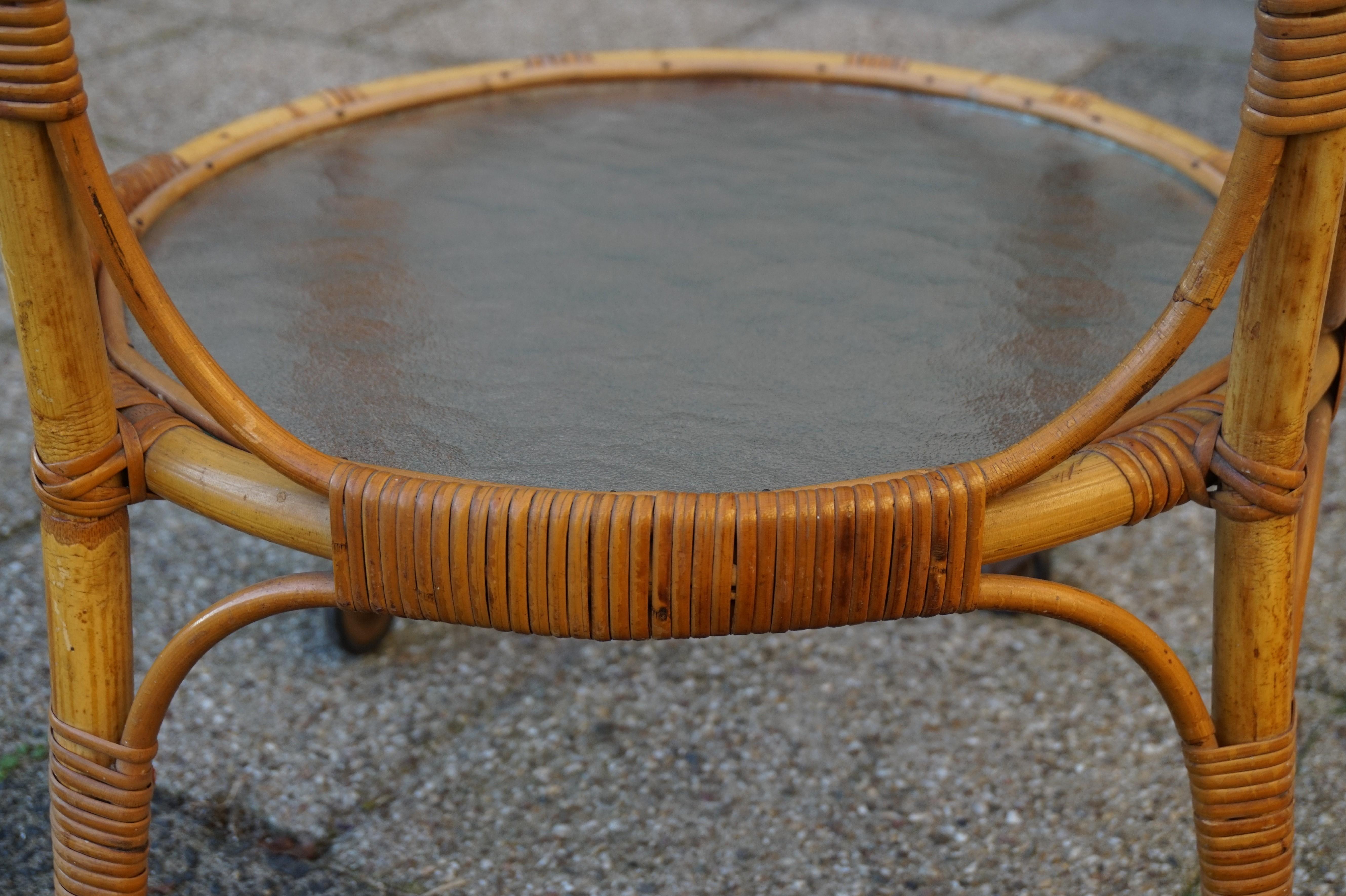 Handcrafted Midcentury Modern Bamboo & Rattan Drinks Cart with Mint Glass Tiers For Sale 4