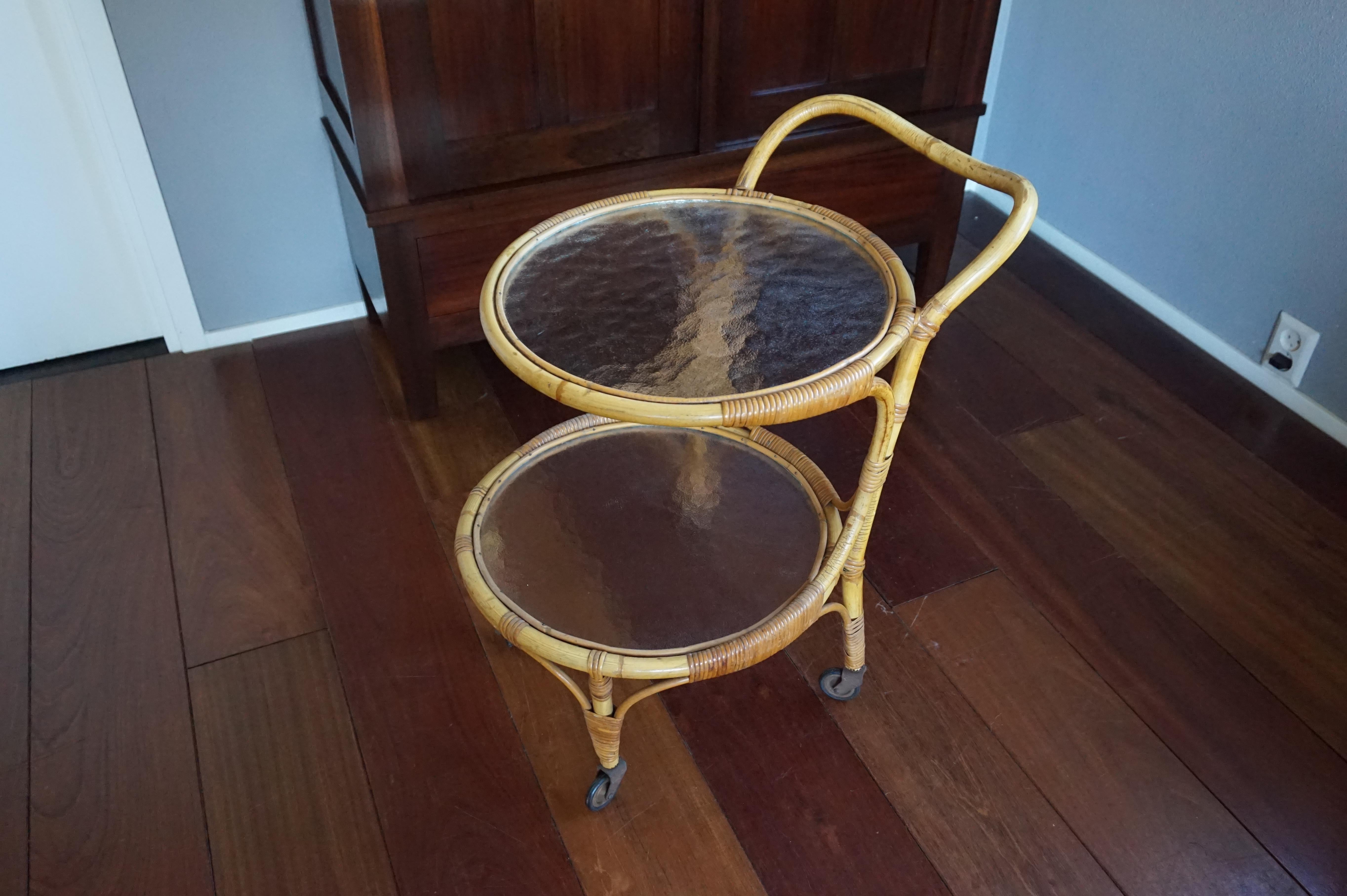 Handcrafted Midcentury Modern Bamboo & Rattan Drinks Cart with Mint Glass Tiers For Sale 5