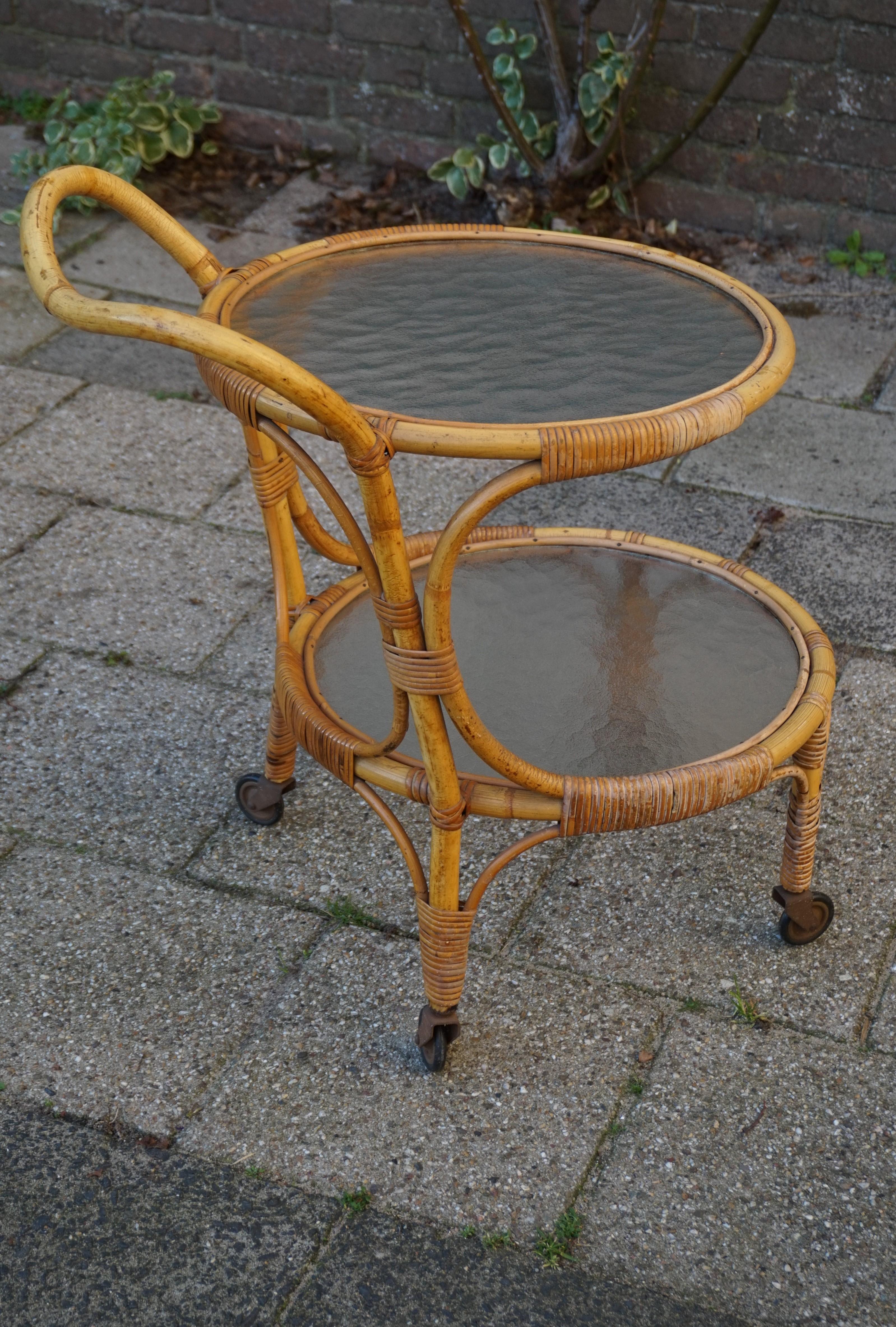 Handcrafted Midcentury Modern Bamboo & Rattan Drinks Cart with Mint Glass Tiers For Sale 7