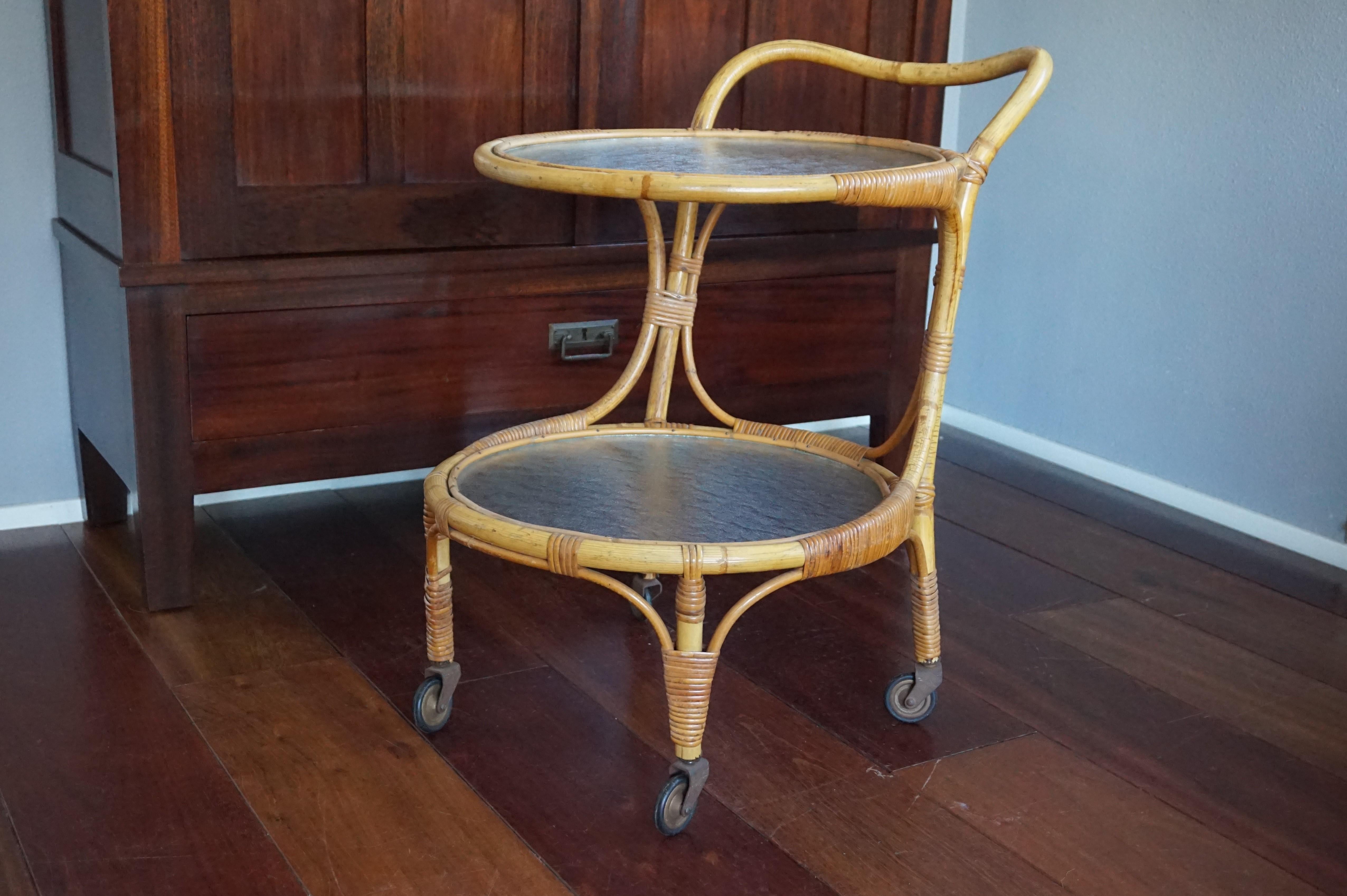 Mid-Century Modern Handcrafted Midcentury Modern Bamboo & Rattan Drinks Cart with Mint Glass Tiers