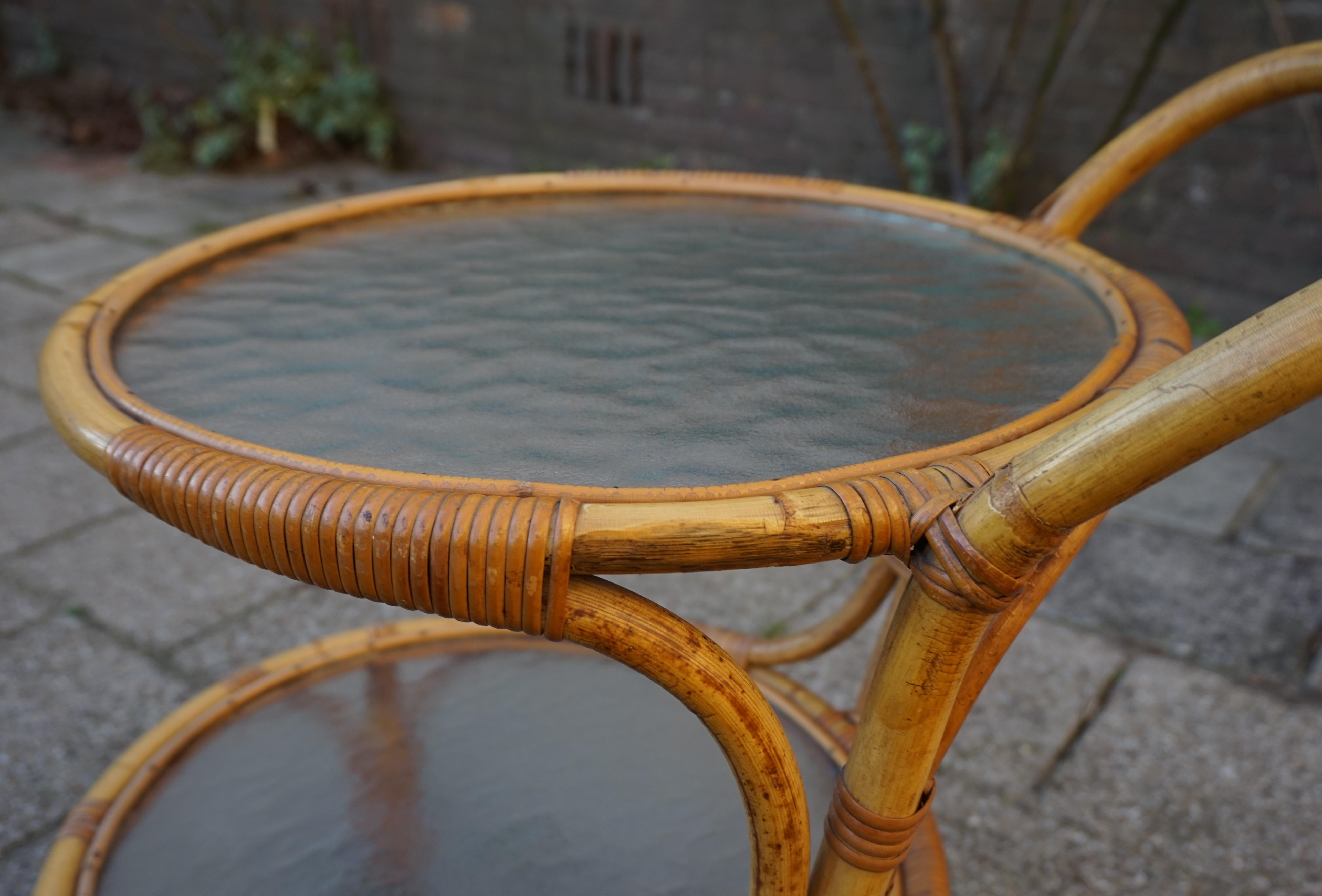 Hand-Crafted Handcrafted Midcentury Modern Bamboo & Rattan Drinks Cart with Mint Glass Tiers For Sale