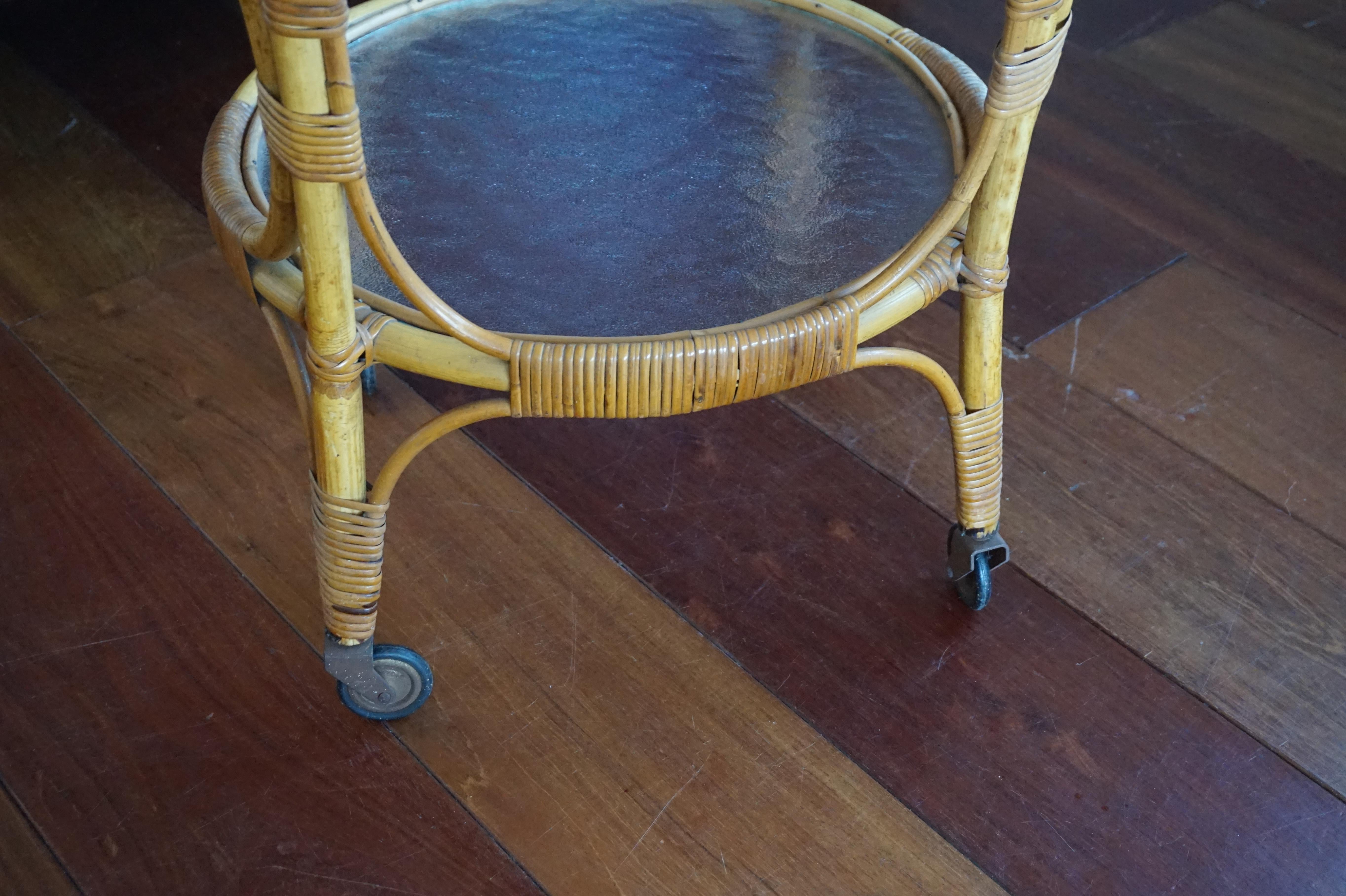 20th Century Handcrafted Midcentury Modern Bamboo & Rattan Drinks Cart with Mint Glass Tiers For Sale