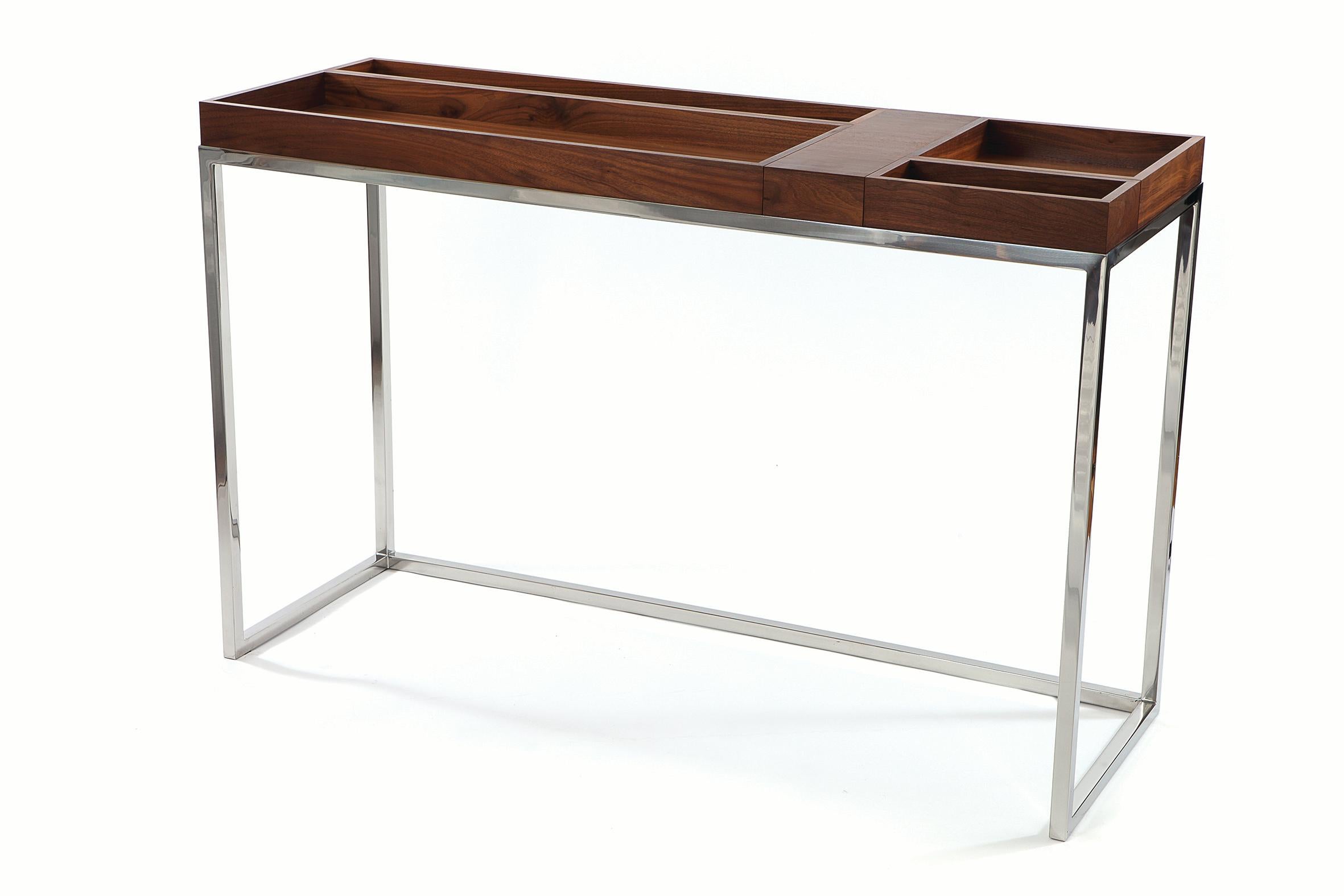 American Modern Console Table with 5 Reversible Walnut Trays and Polished Stainless Frame For Sale