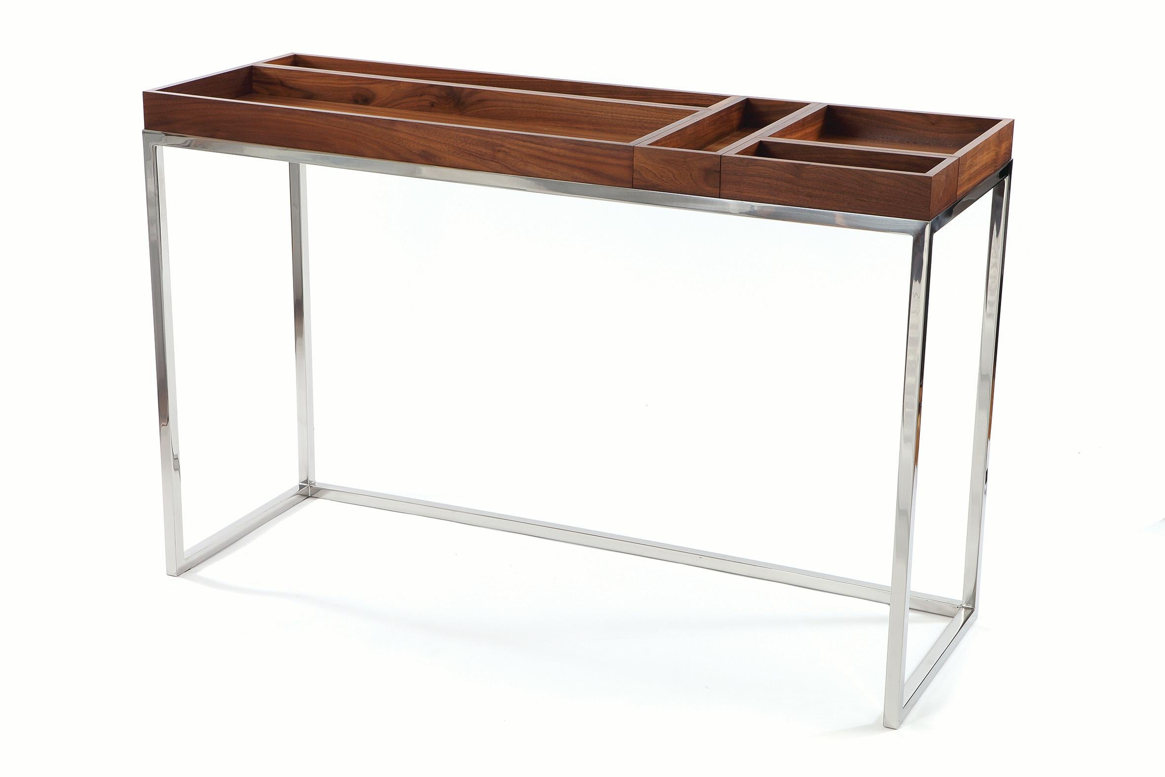 Modern Console Table with 5 Reversible Walnut Trays and Polished Stainless Frame In New Condition For Sale In Santa Monica, CA
