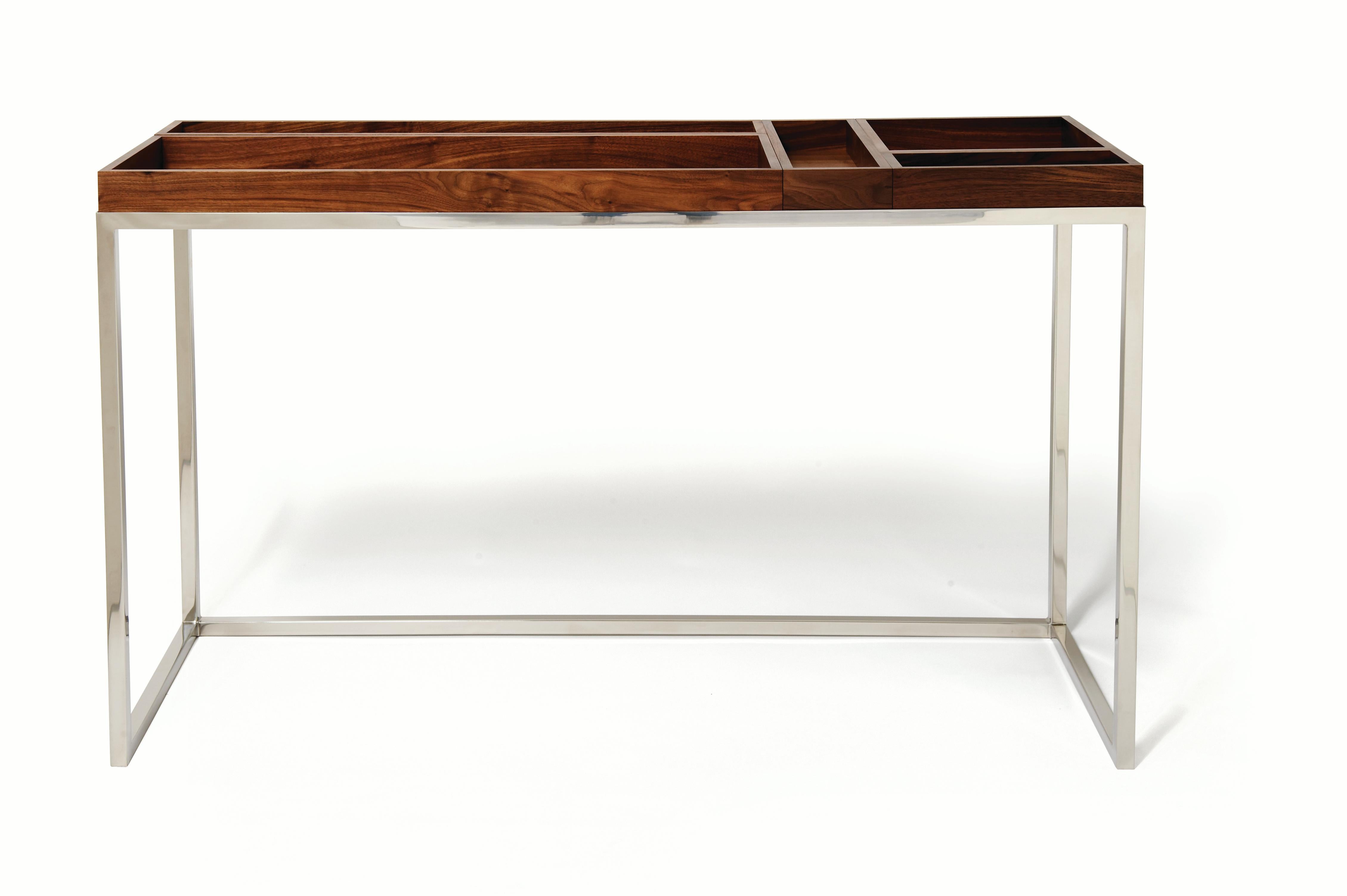 Contemporary Modern Console Table with 5 Reversible Walnut Trays and Polished Stainless Frame For Sale