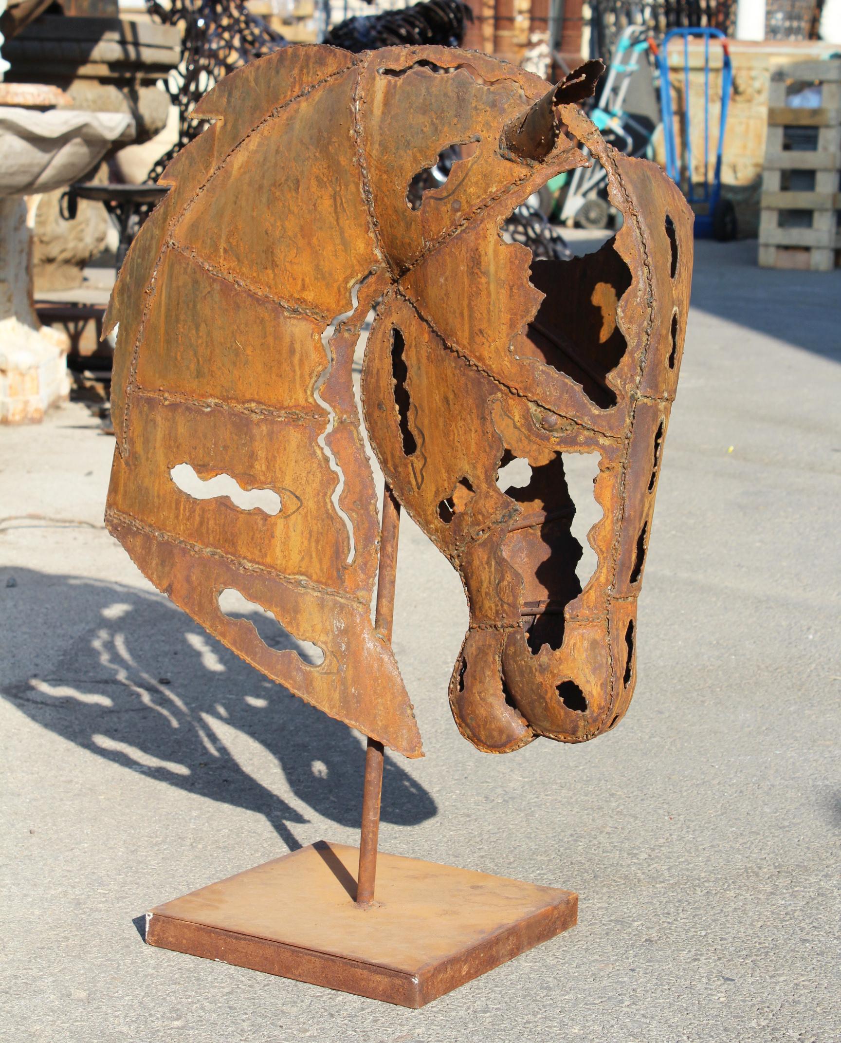 Hand crafted modernist iron horse head sculpture.