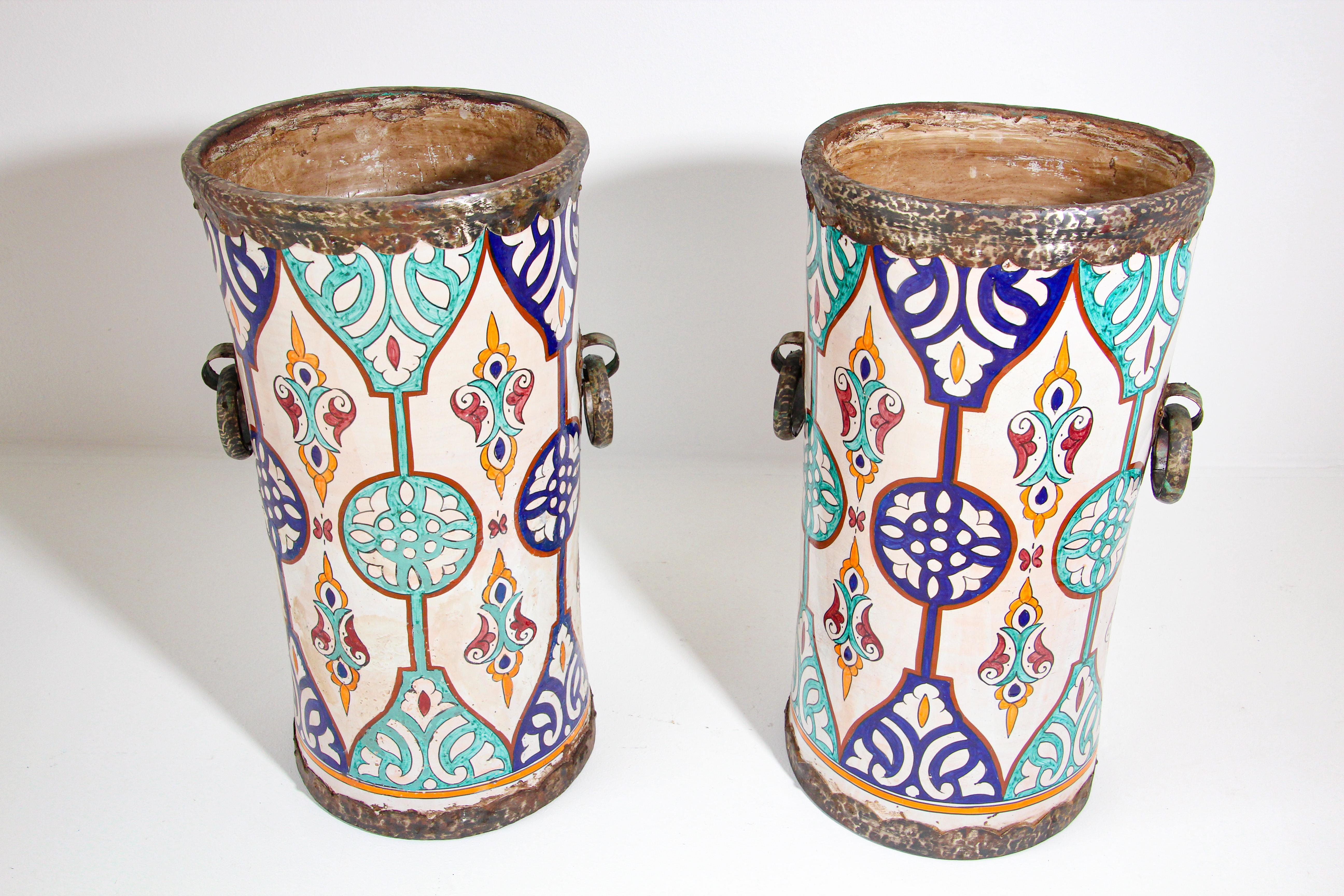 Moroccan Handcrafted Moorish Ceramic Planters with Handles For Sale
