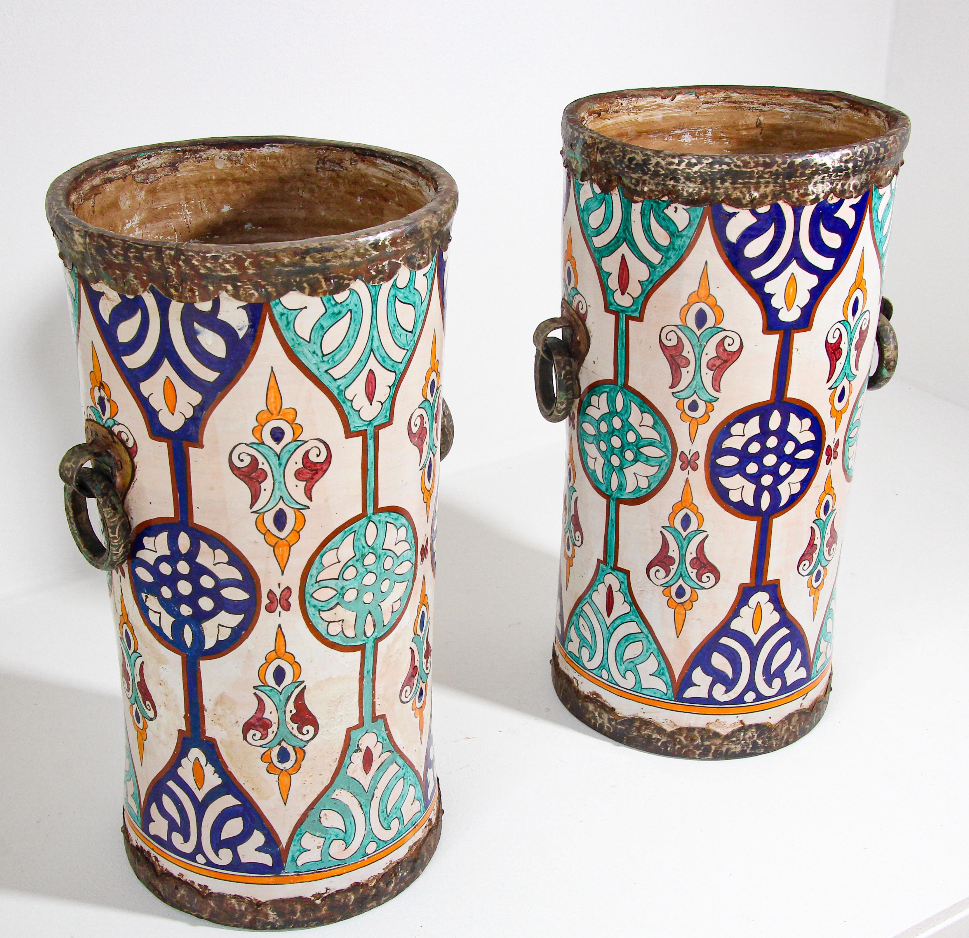 Hand-Carved Handcrafted Moorish Ceramic Planters with Handles For Sale