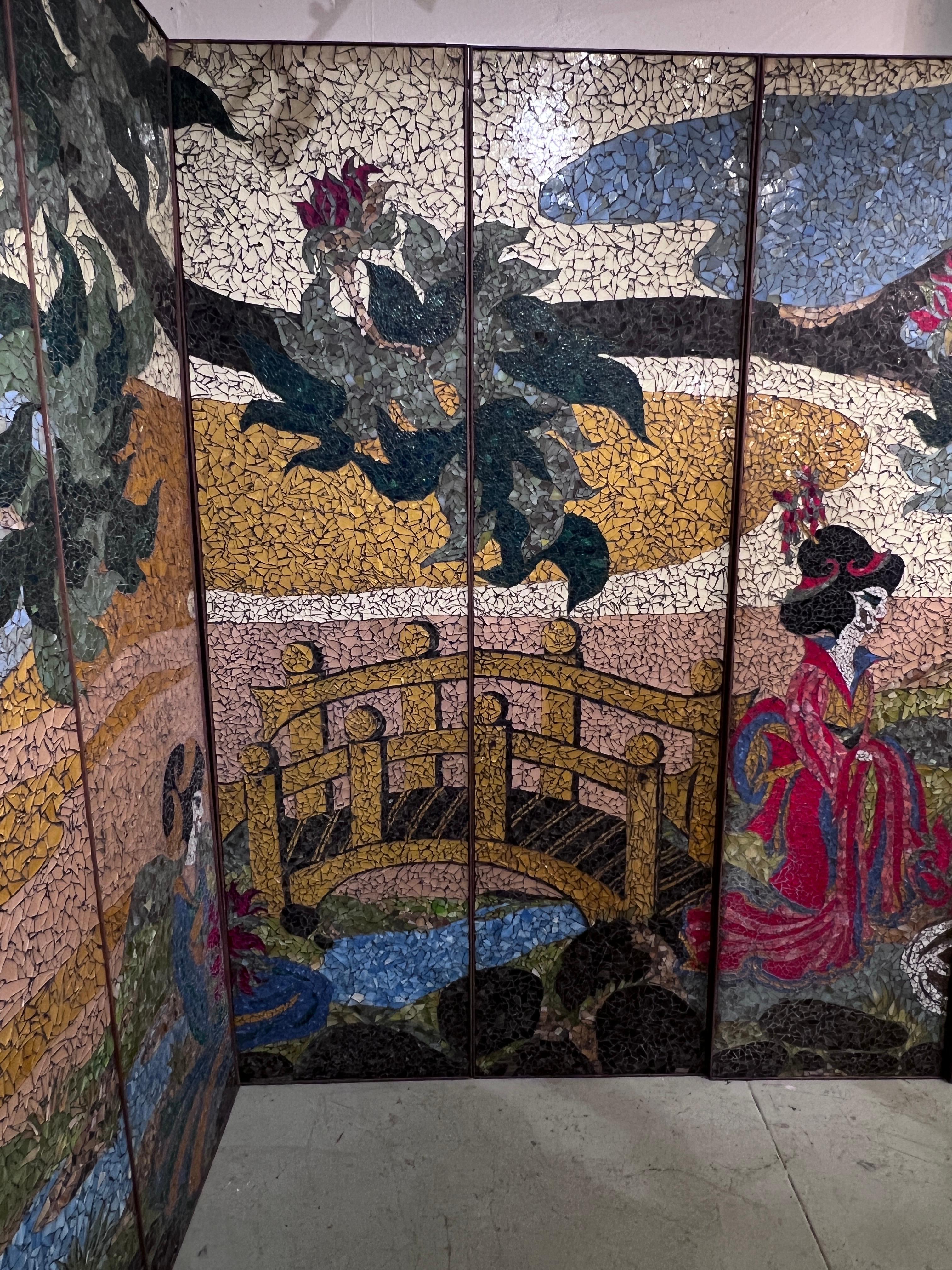 Hand Crafted Mosaic Glass Japanese Screen with a Tale of a Geisha Wedding 2
