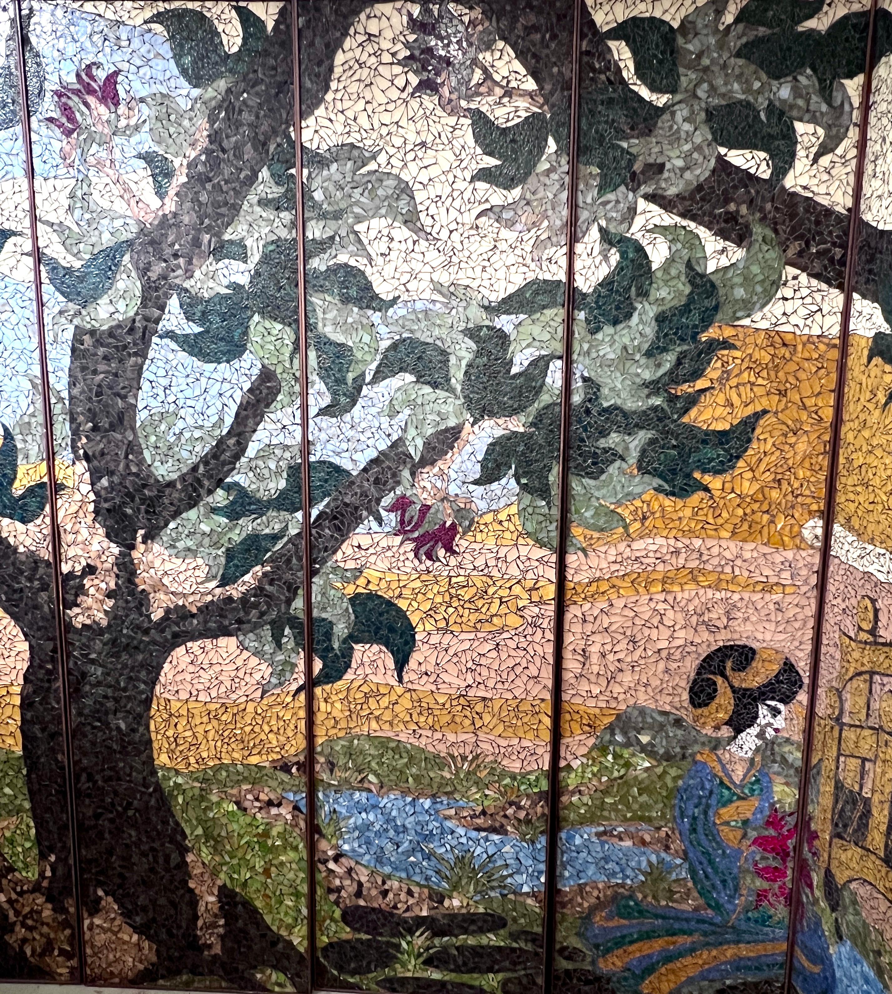 Hand Crafted Mosaic Glass Japanese Screen with a Tale of a Geisha Wedding 3