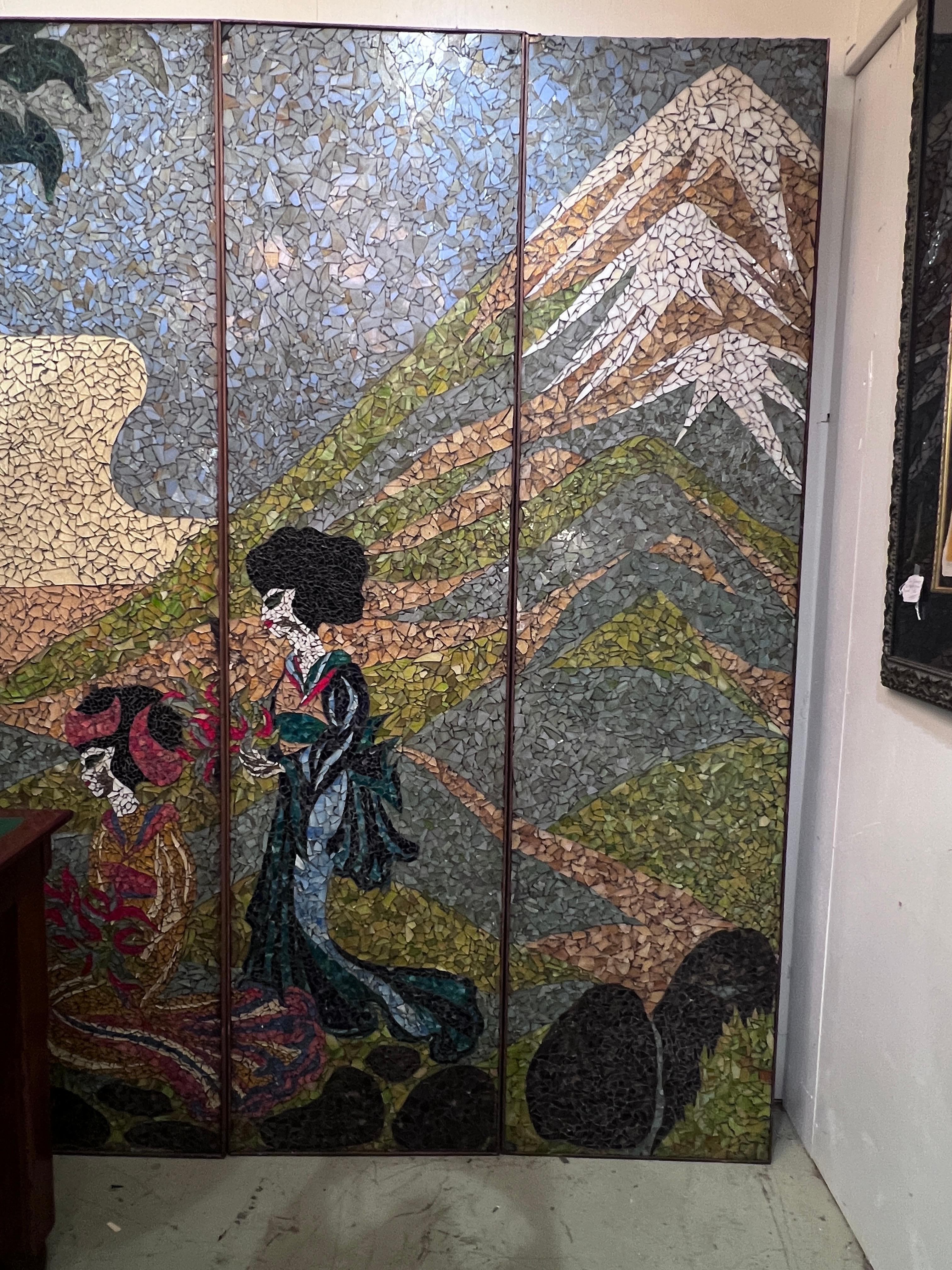 A one of a kind and wonderfully intricate artists Mosaic made entirely of art glass.  Circa 1950-1960's, Mid 20th Century.  The screen is 11 panels, 10 are  24.5