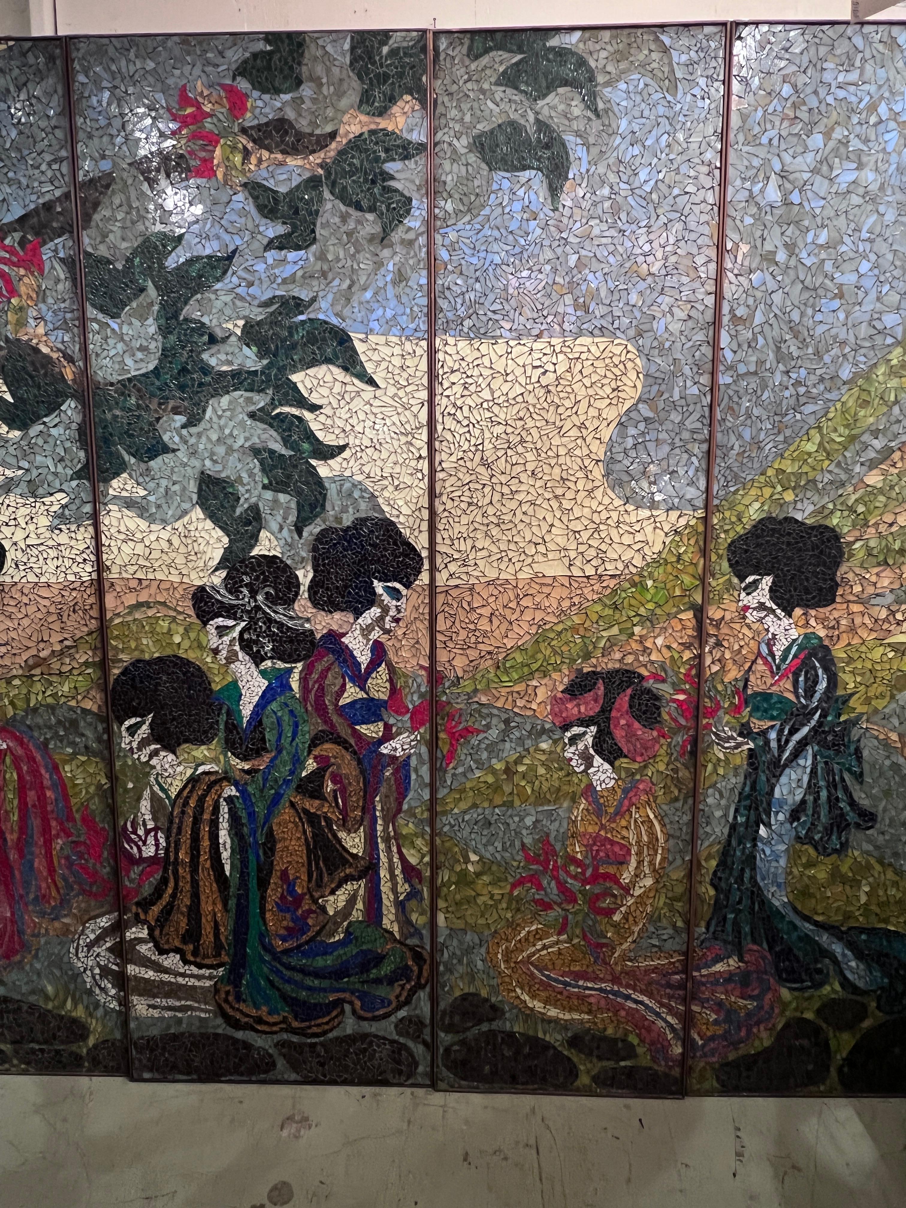 Hand Crafted Mosaic Glass Japanese Screen with a Tale of a Geisha Wedding In Good Condition In Los Angeles, CA