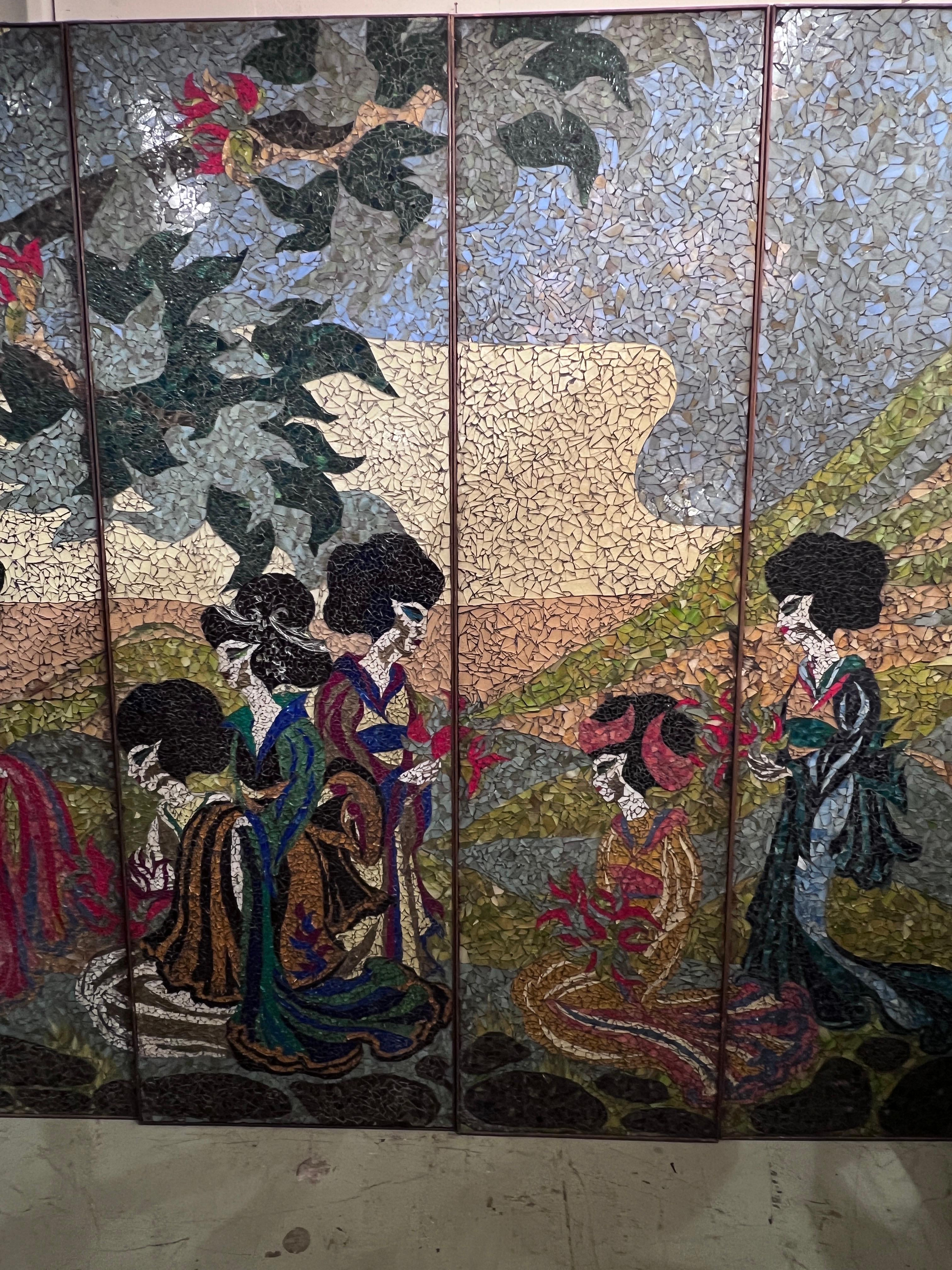 20th Century Hand Crafted Mosaic Glass Japanese Screen with a Tale of a Geisha Wedding