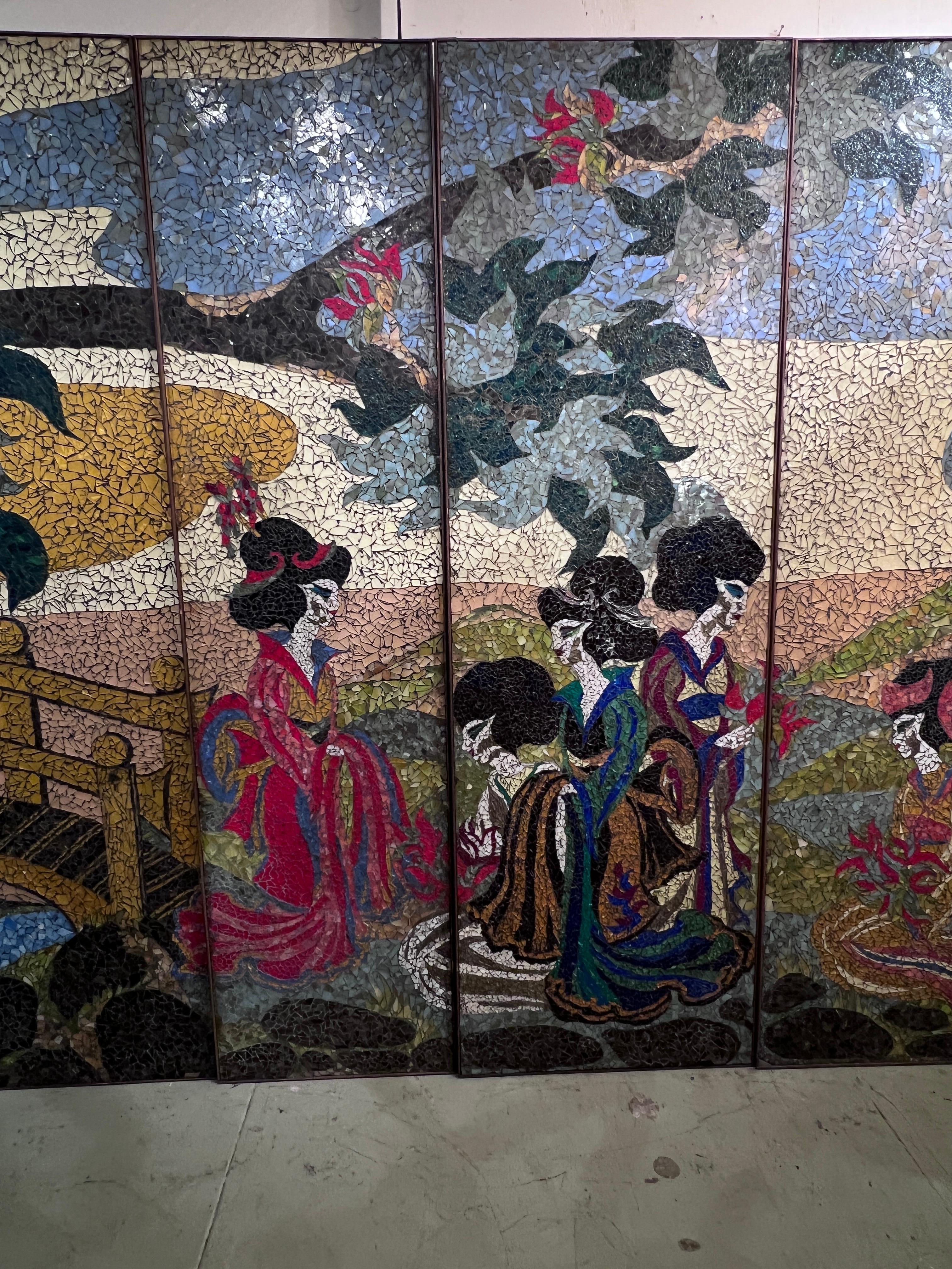 Art Glass Hand Crafted Mosaic Glass Japanese Screen with a Tale of a Geisha Wedding