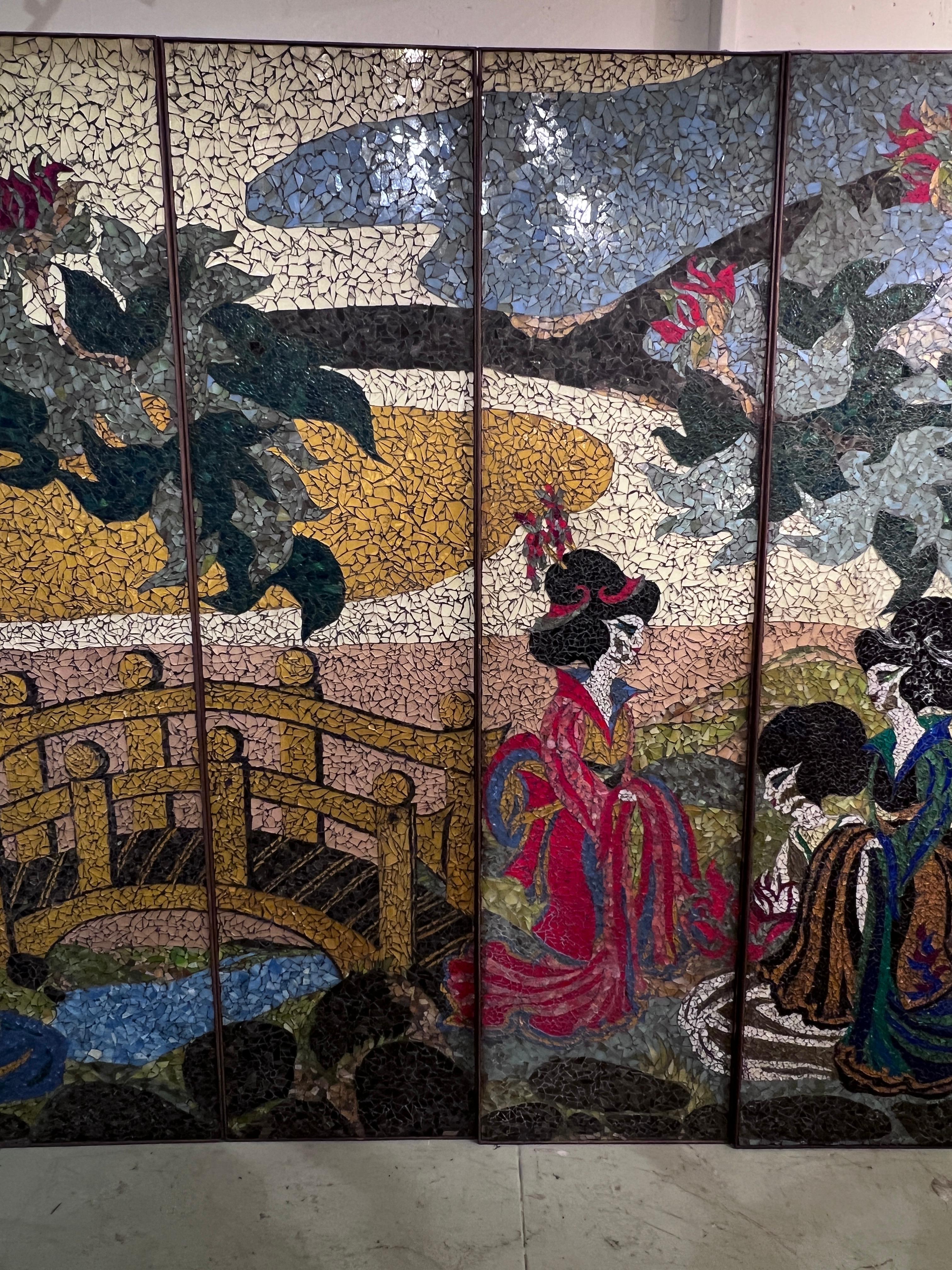 Hand Crafted Mosaic Glass Japanese Screen with a Tale of a Geisha Wedding 1