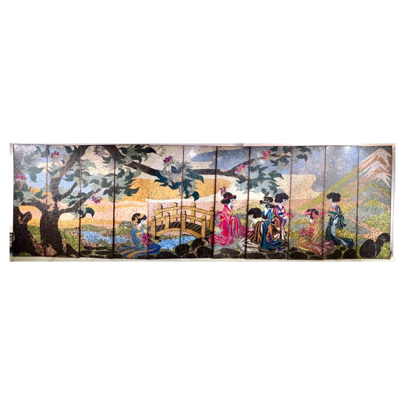 Hand Crafted Mosaic Glass Japanese Screen with a Tale of a Geisha Wedding