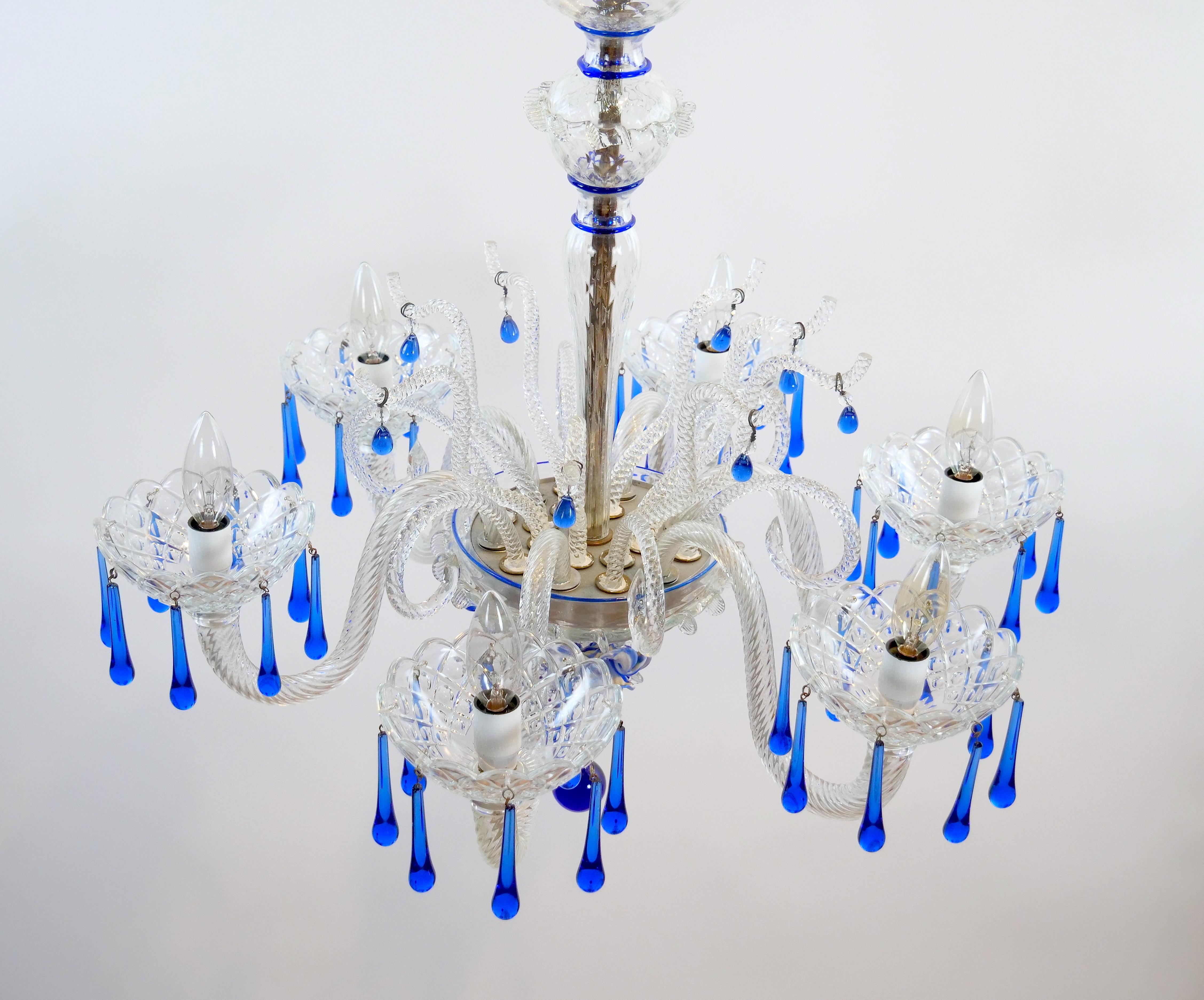 Hand Crafted / Mouth Blown Blue Venetian Murano Glass Six Arm Chandelier For Sale 1
