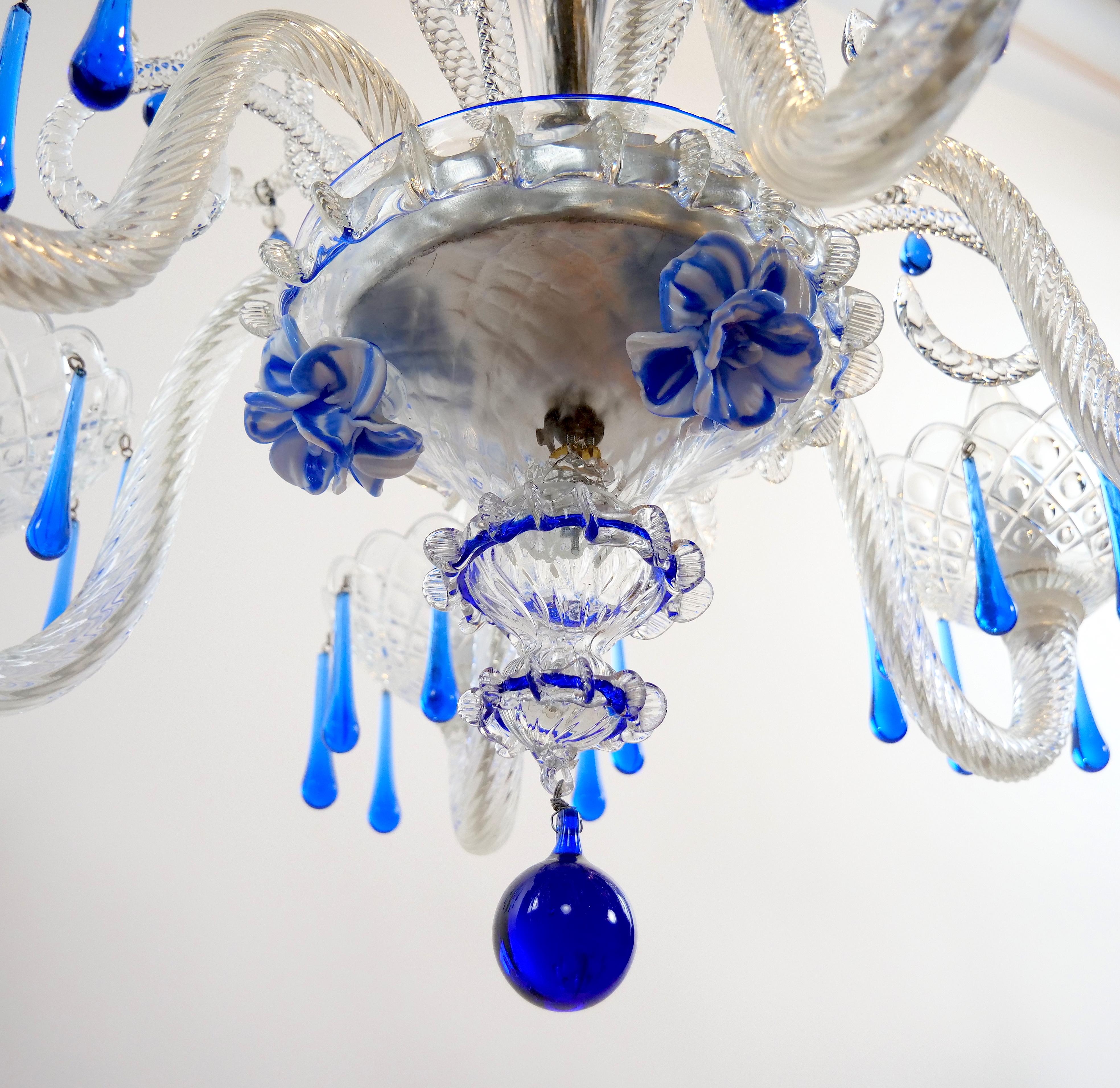 Hand Crafted / Mouth Blown Blue Venetian Murano Glass Six Arm Chandelier For Sale 4