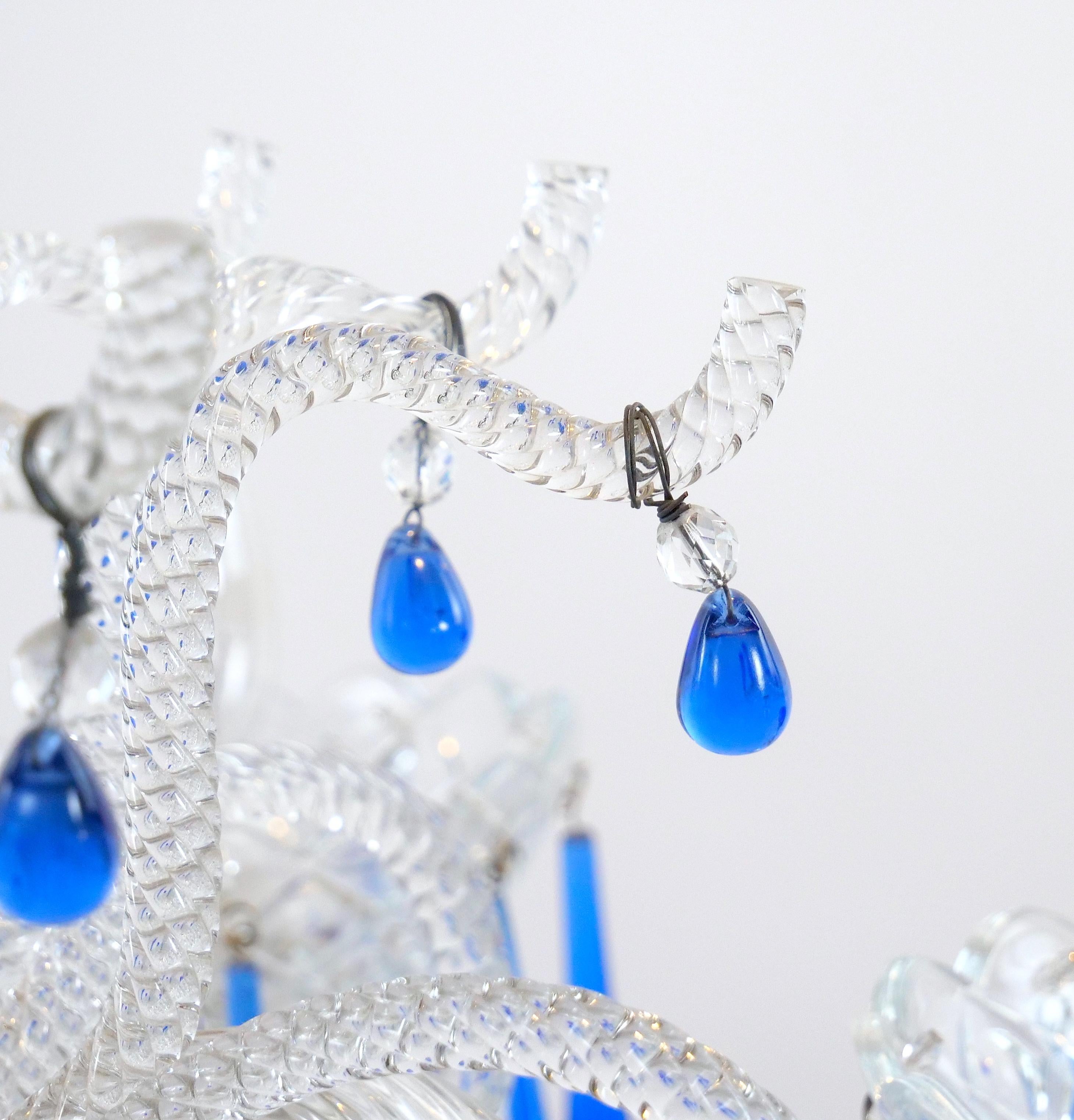 Hand Crafted / Mouth Blown Blue Venetian Murano Glass Six Arm Chandelier For Sale 6