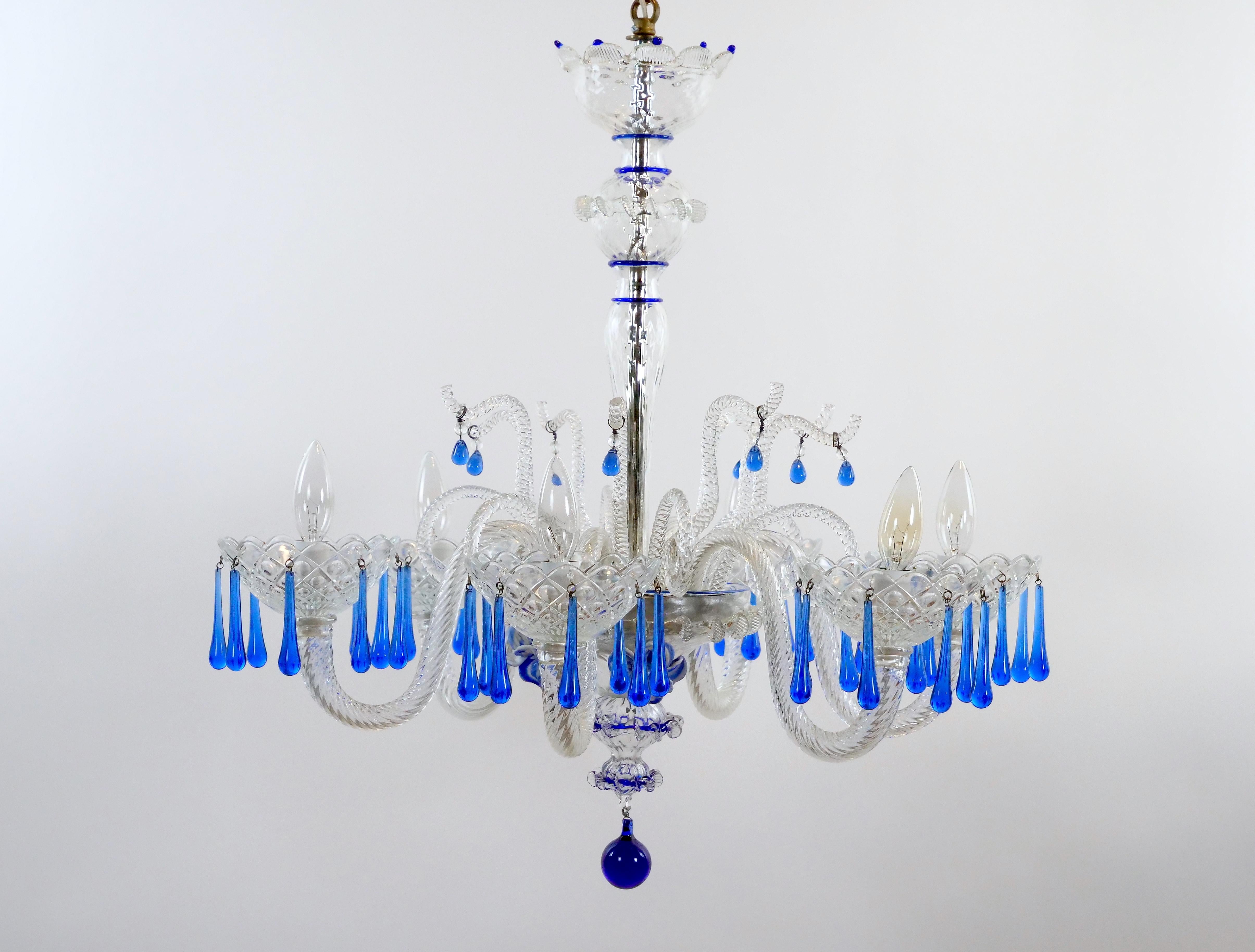 Hand Crafted / Mouth Blown Blue Venetian Murano Glass Six Arm Chandelier For Sale 8