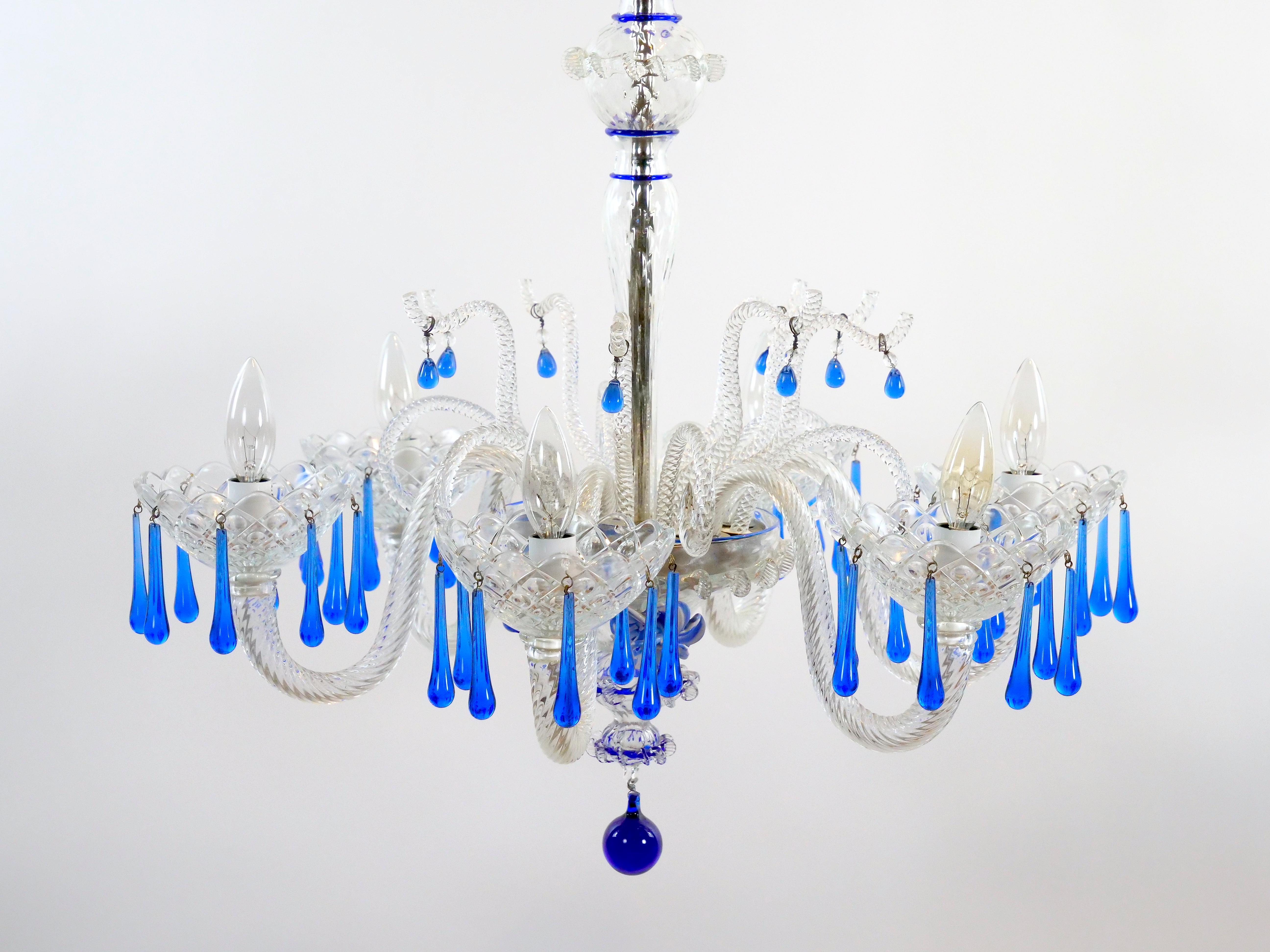 Art déco Lustre à six bras en verre de Murano vénitien bleu soufflé à la main en vente