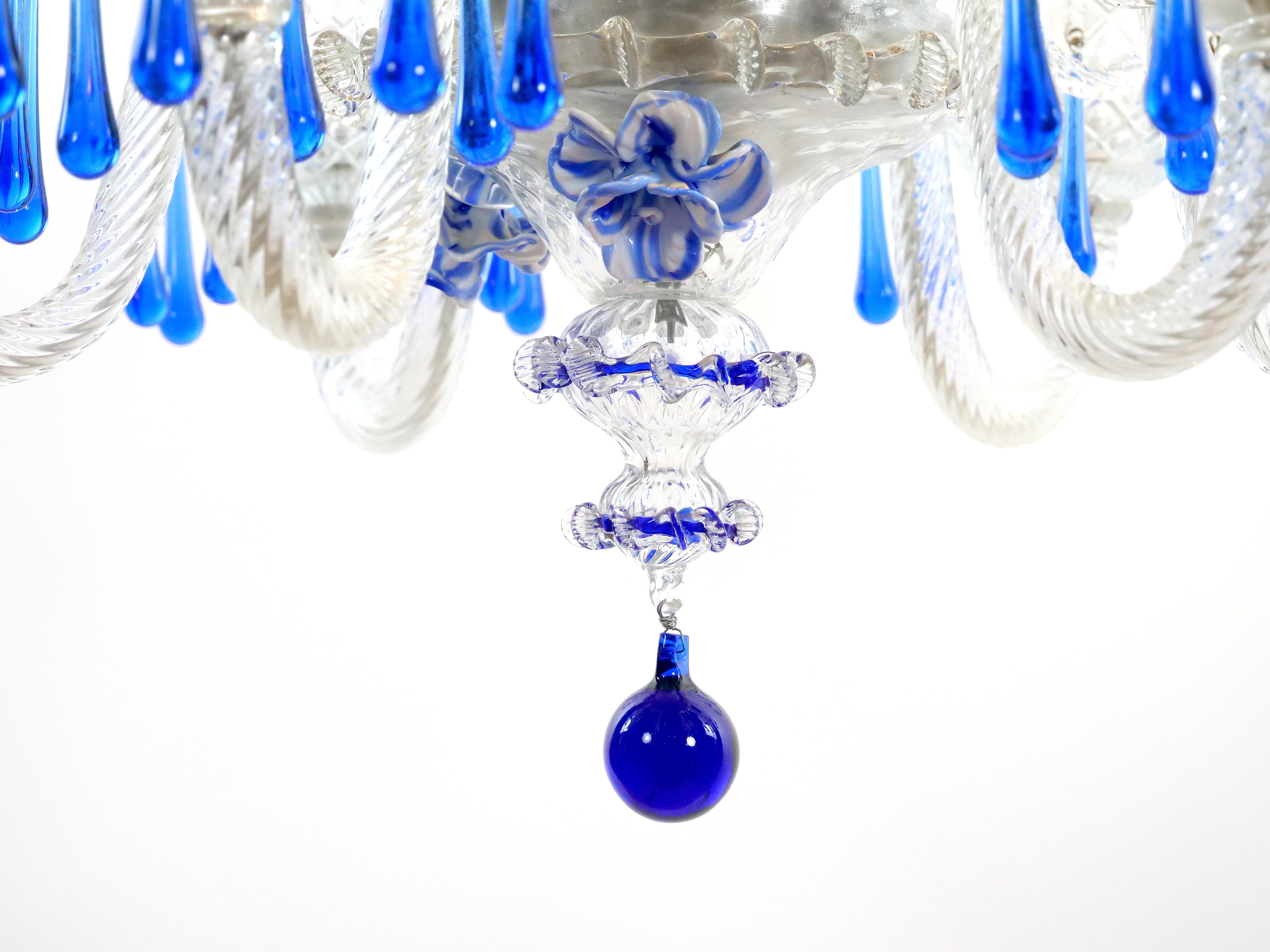 Art Deco Hand Crafted / Mouth Blown Blue Venetian Murano Glass Six Arm Chandelier For Sale