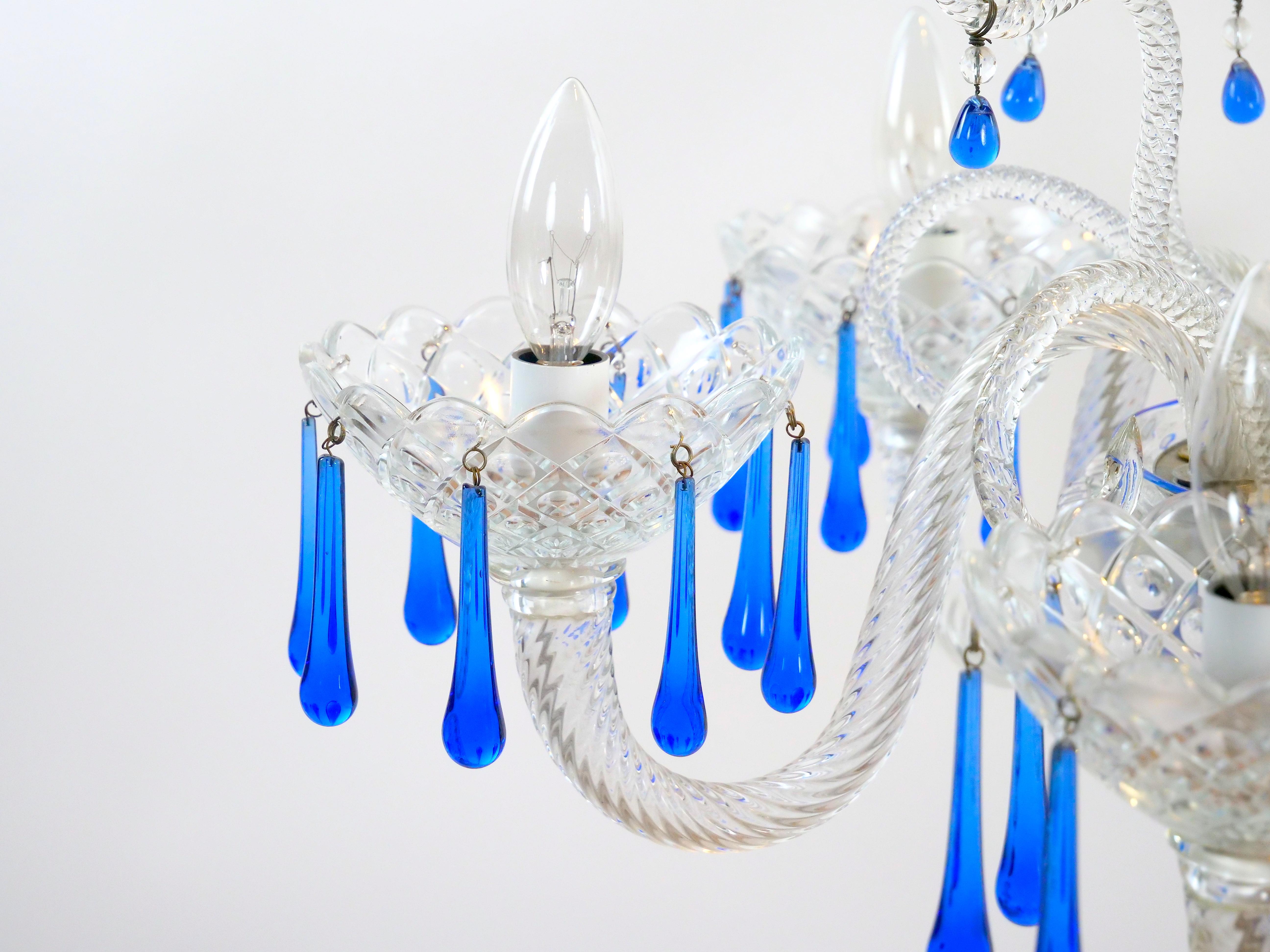 Italian Hand Crafted / Mouth Blown Blue Venetian Murano Glass Six Arm Chandelier For Sale