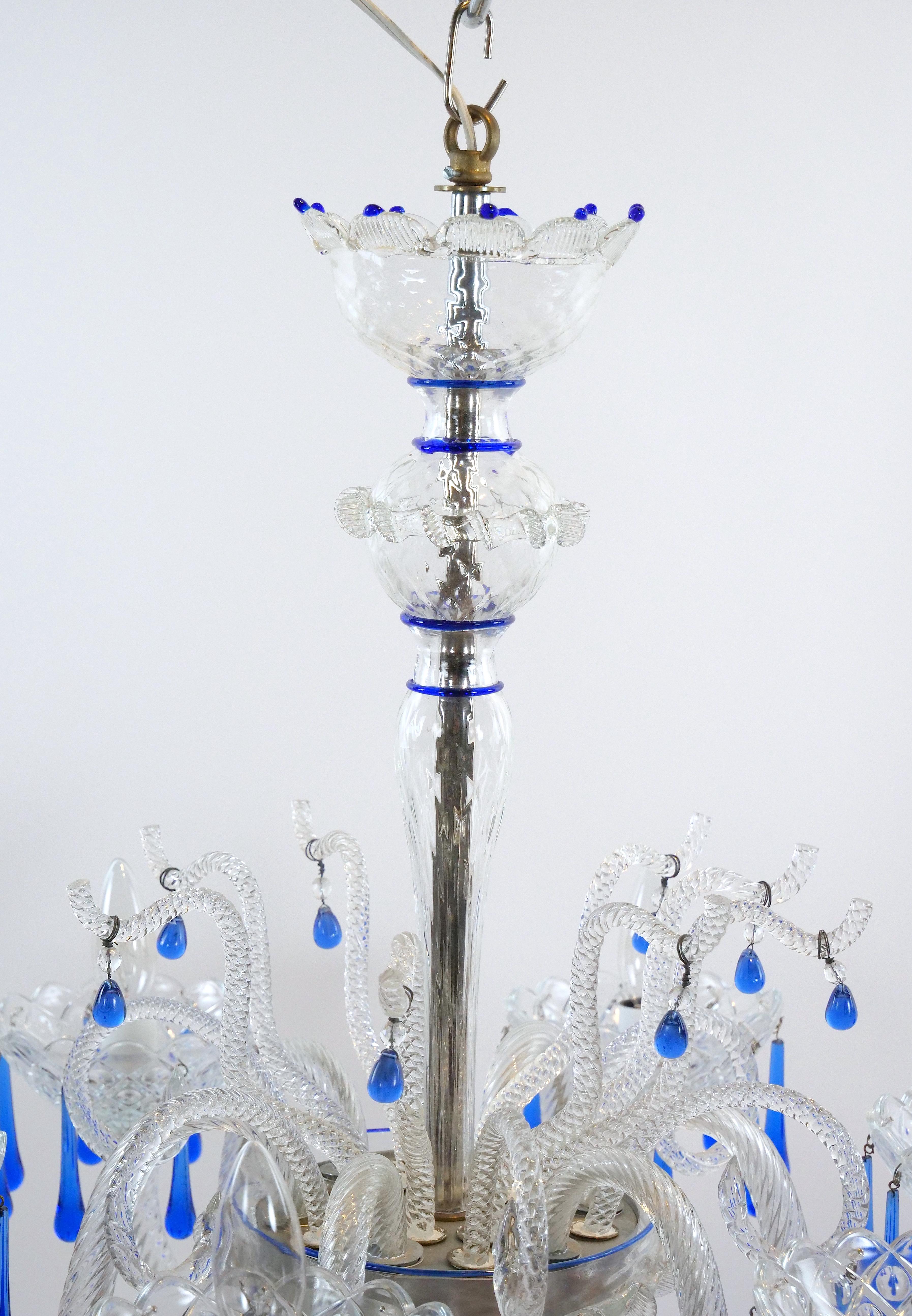 Hand-Crafted Hand Crafted / Mouth Blown Blue Venetian Murano Glass Six Arm Chandelier For Sale