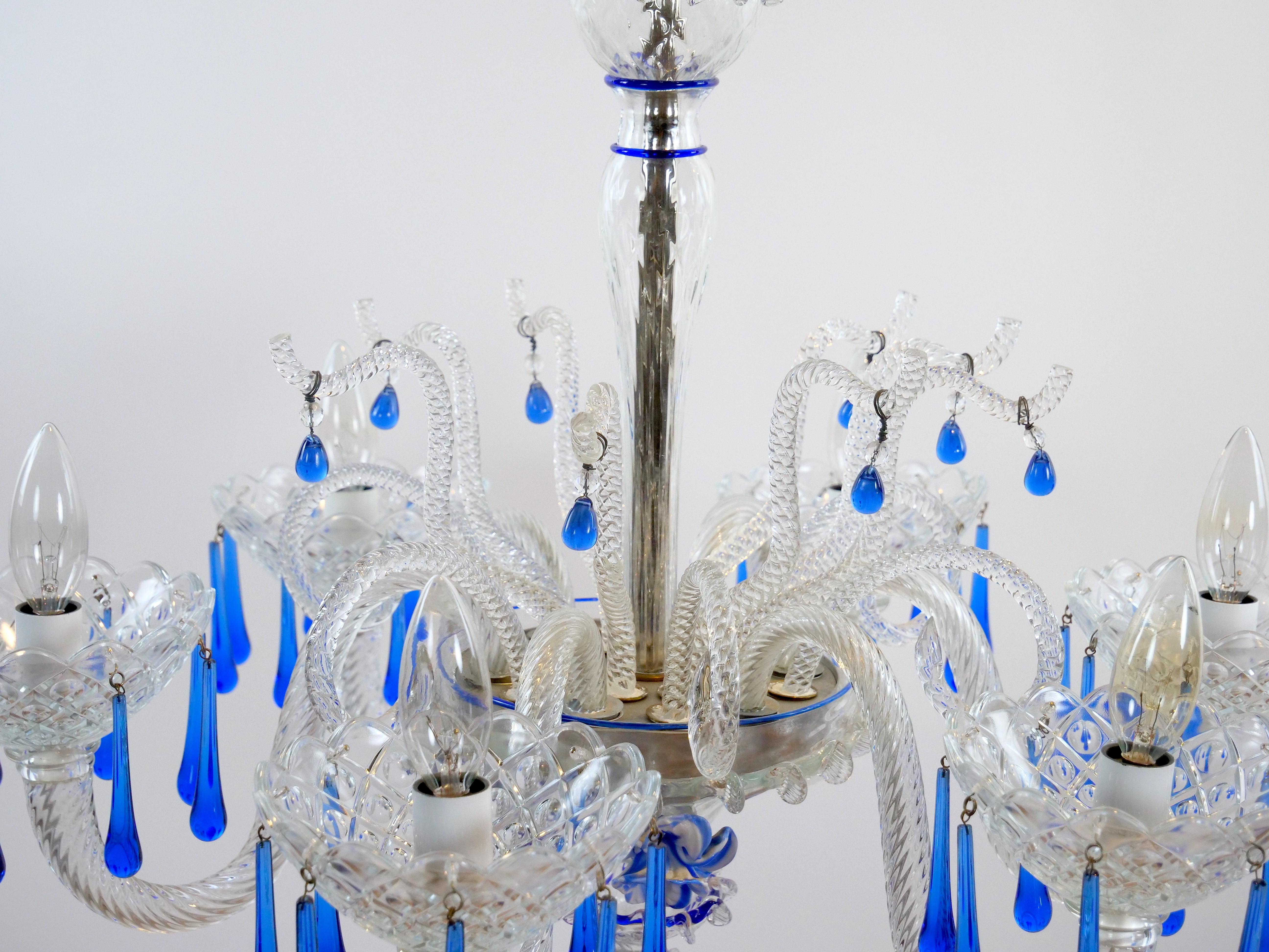 20th Century Hand Crafted / Mouth Blown Blue Venetian Murano Glass Six Arm Chandelier For Sale