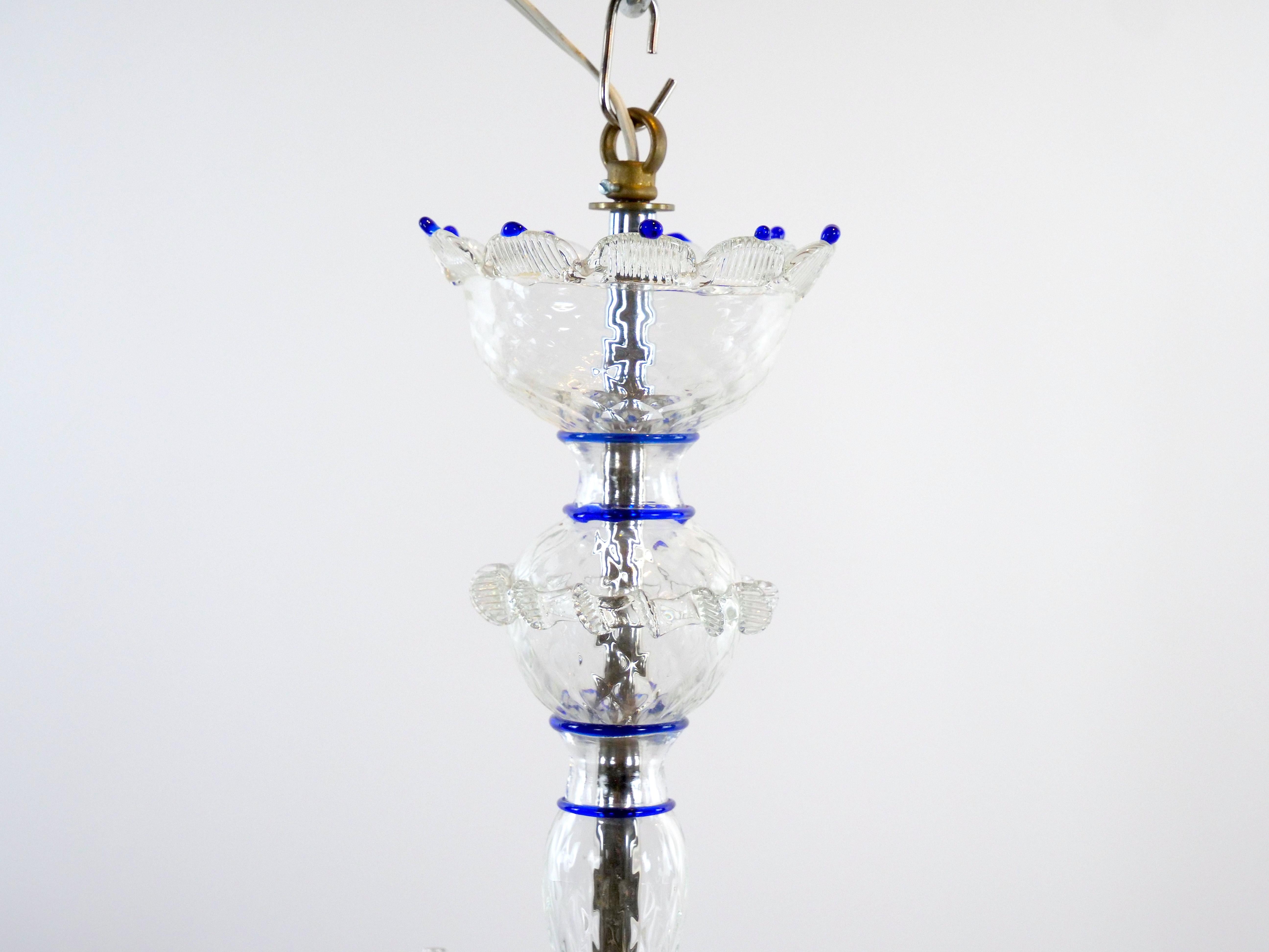 Brass Hand Crafted / Mouth Blown Blue Venetian Murano Glass Six Arm Chandelier For Sale