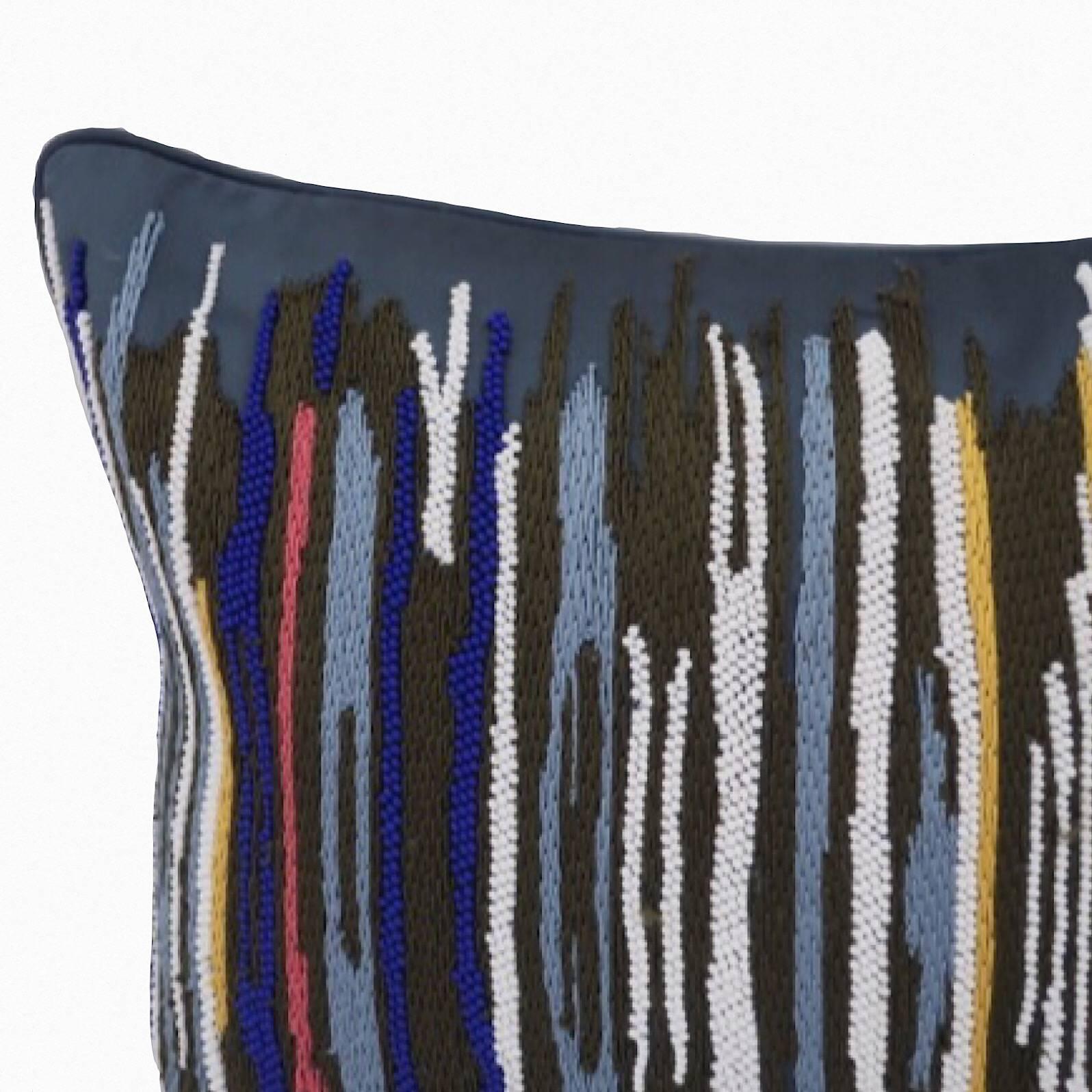 Hand embroidered pillow.
Handcrafted using Matt beads and cotton yarn embroidered in multicolored stripes on a blue background.
Satin fabric,self zip and feather pads.
