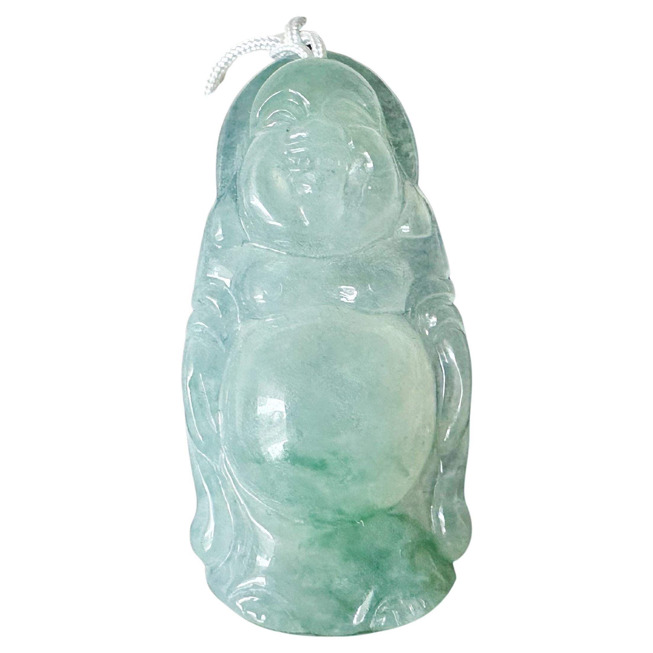Handgefertigter natürlicher Myanmar Happy Buddha Icy Transluzenter grüner Jade-Anhänger