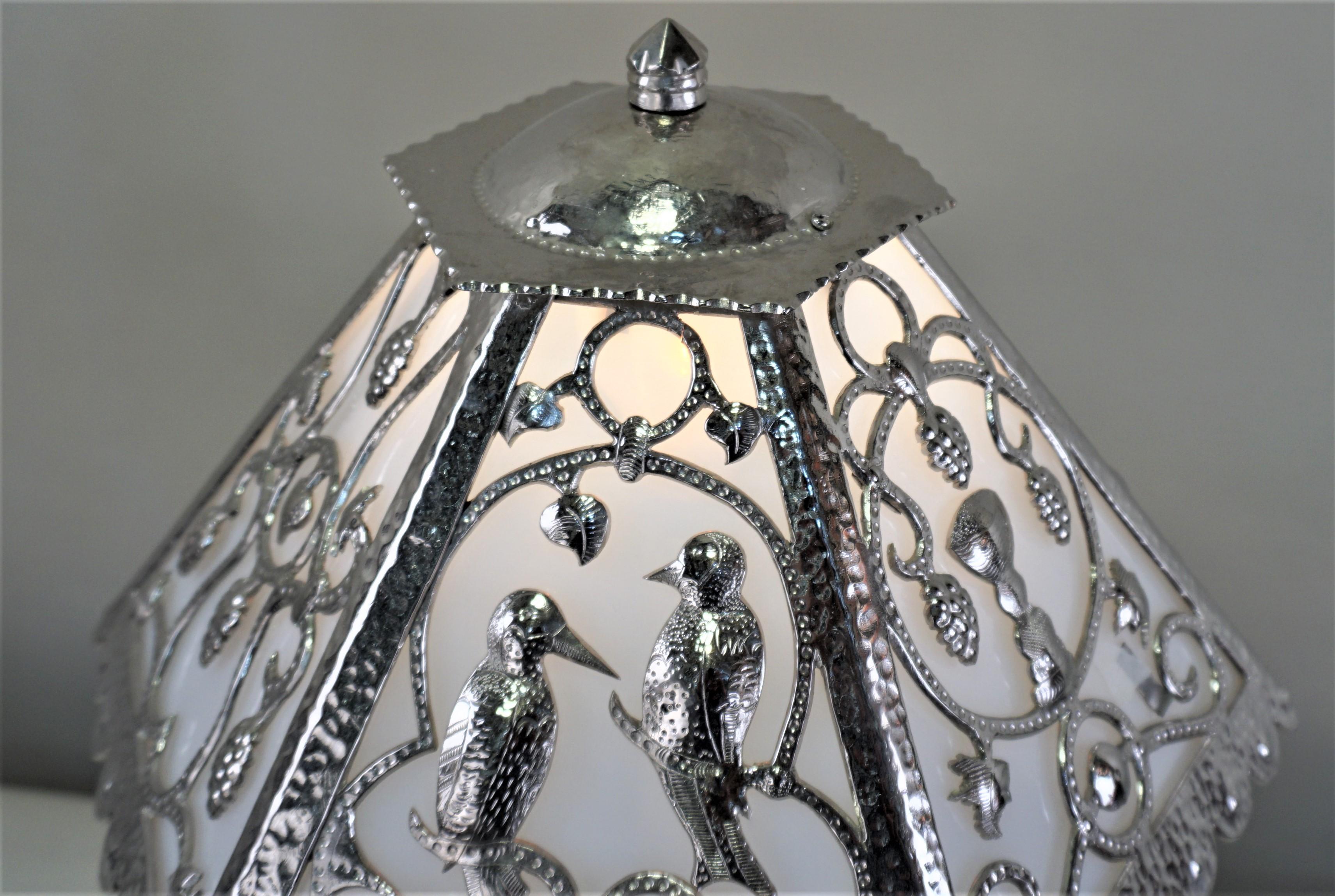 Early 20th Century Handcrafted One of a Kind French Art Deco Nickel, Opaline Glass Table Lamp