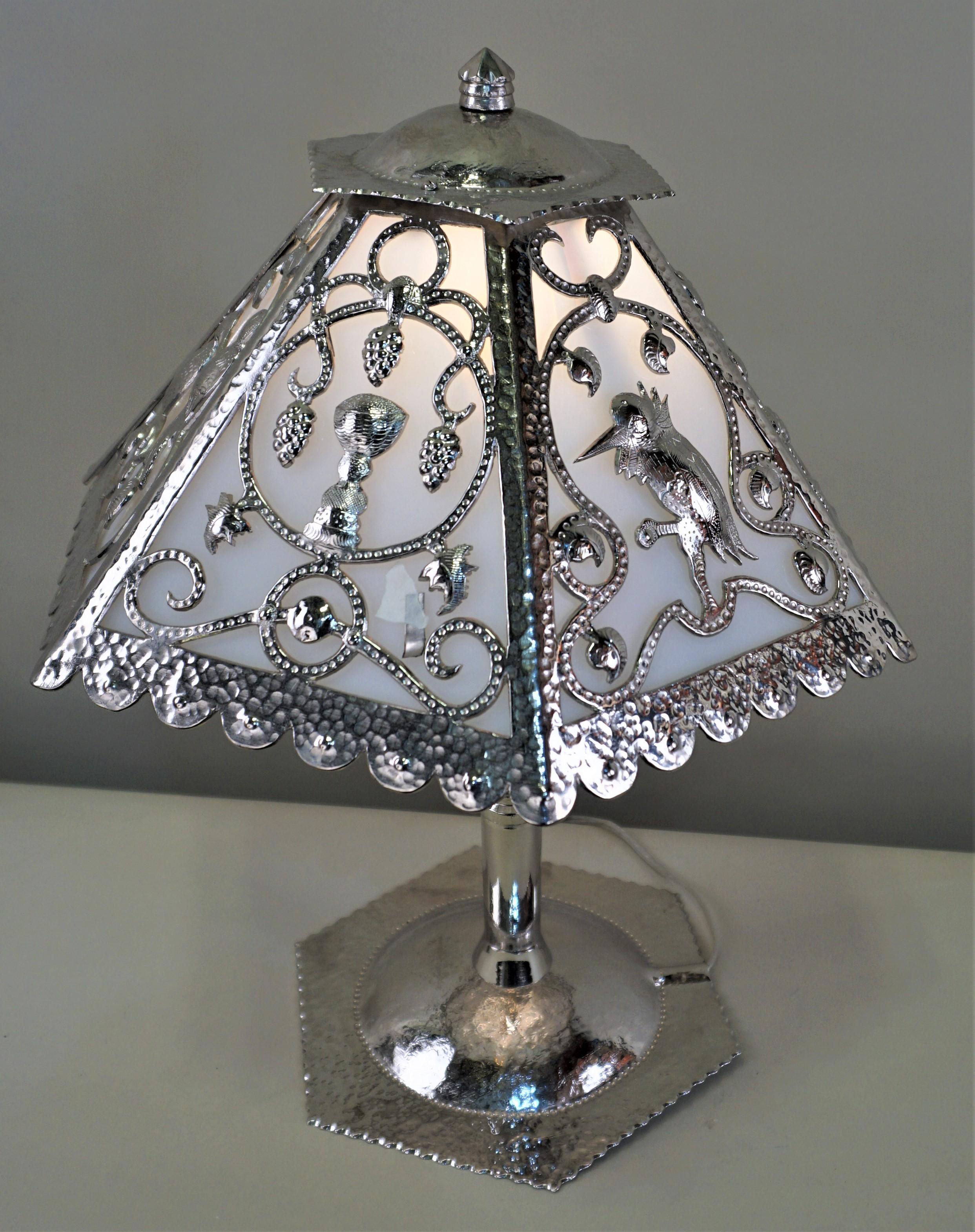 Handcrafted One of a Kind French Art Deco Nickel, Opaline Glass Table Lamp 1