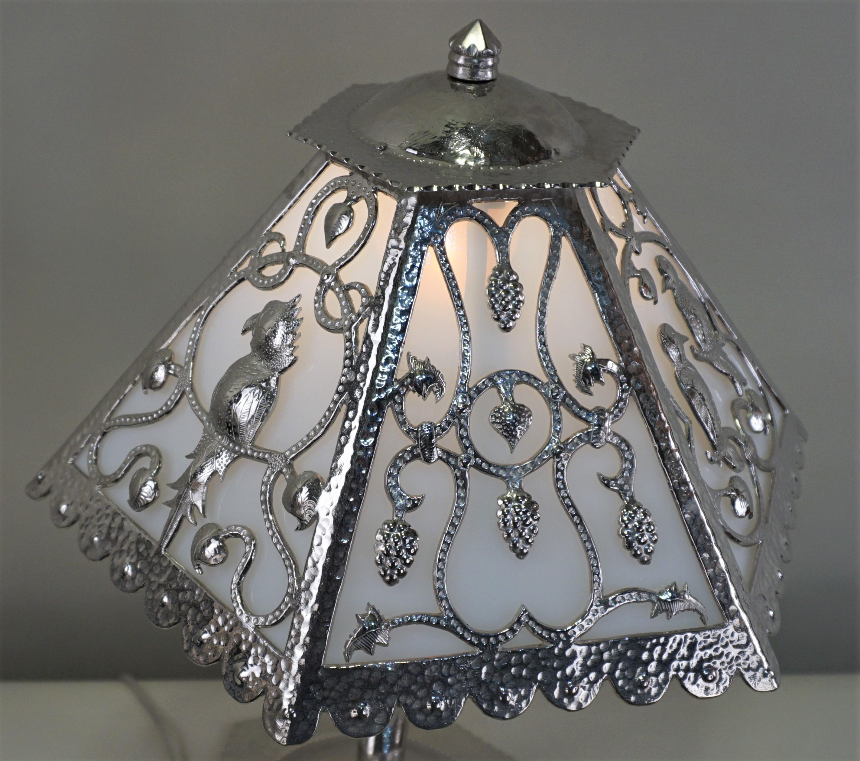 Handcrafted One of a Kind French Art Deco Nickel, Opaline Glass Table Lamp 2